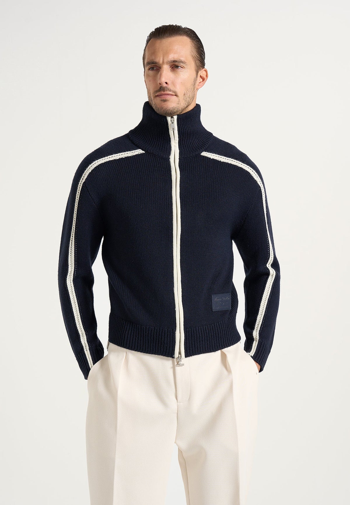 Malo - Contrast Piped Wool-Blend Zip-Through Cardigan - Navy