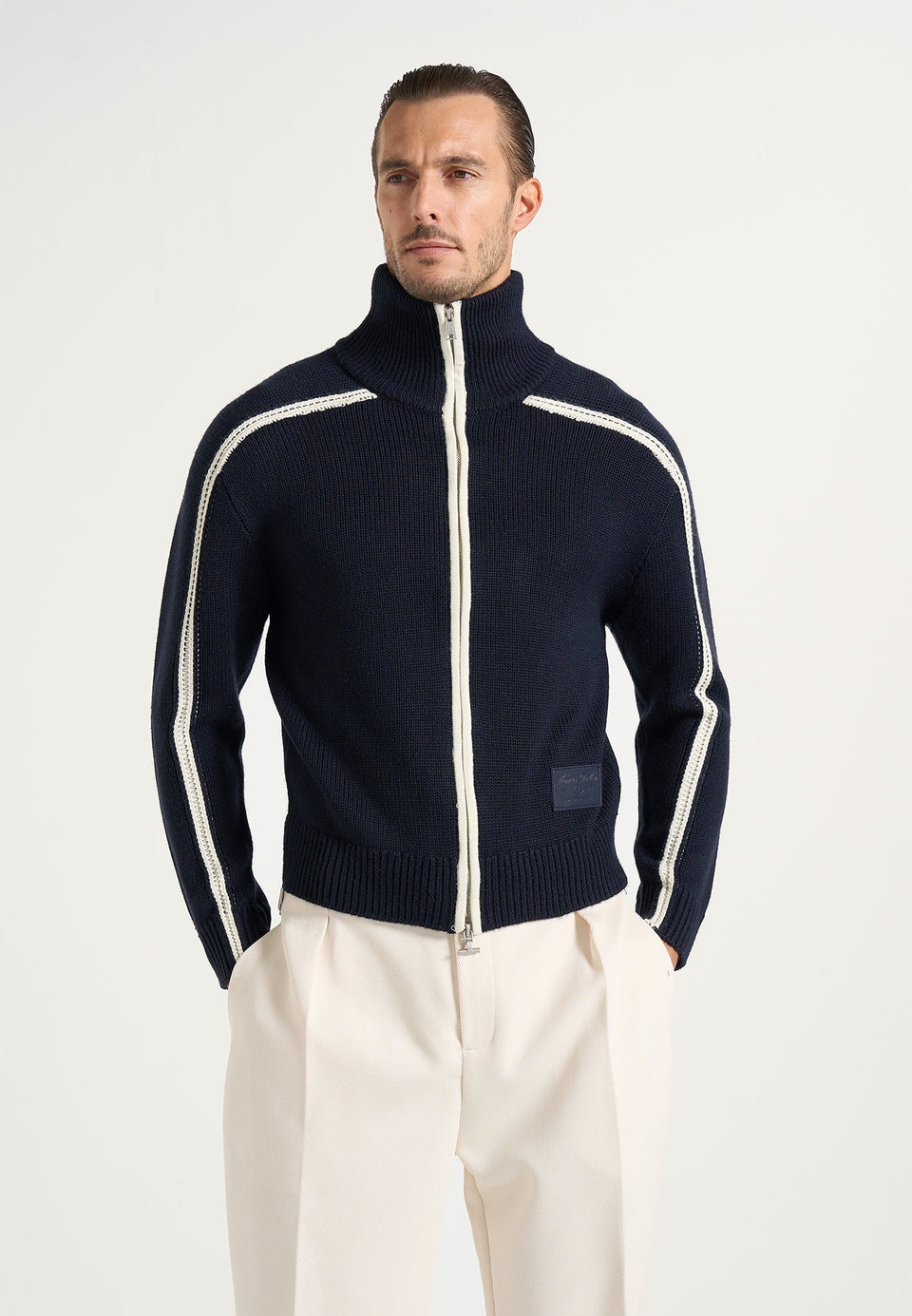 Malo - Contrast Piped Wool-Blend Zip-Through Cardigan - Navy