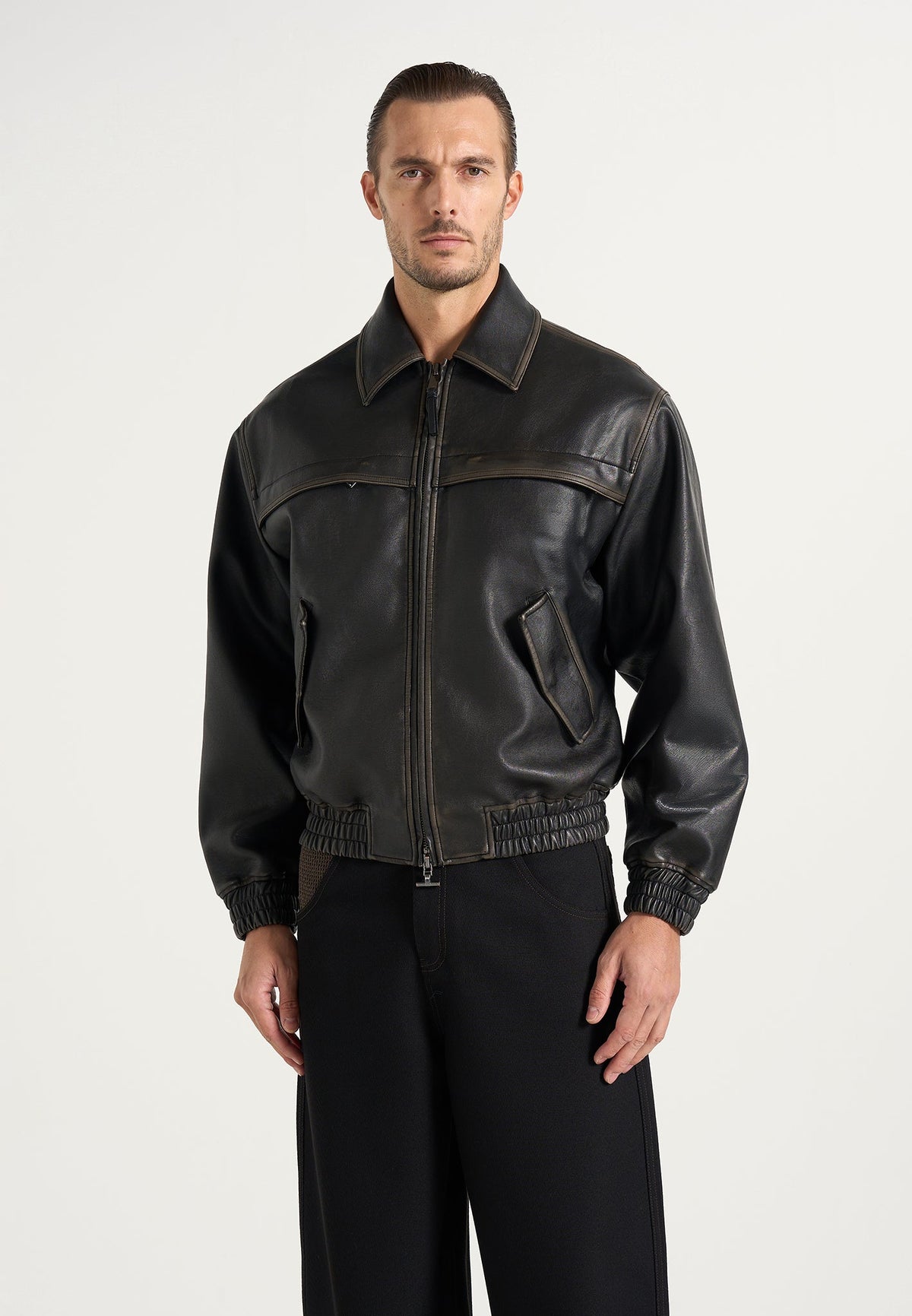 Clint - Vintage Leather Bomber Jacket - Black
