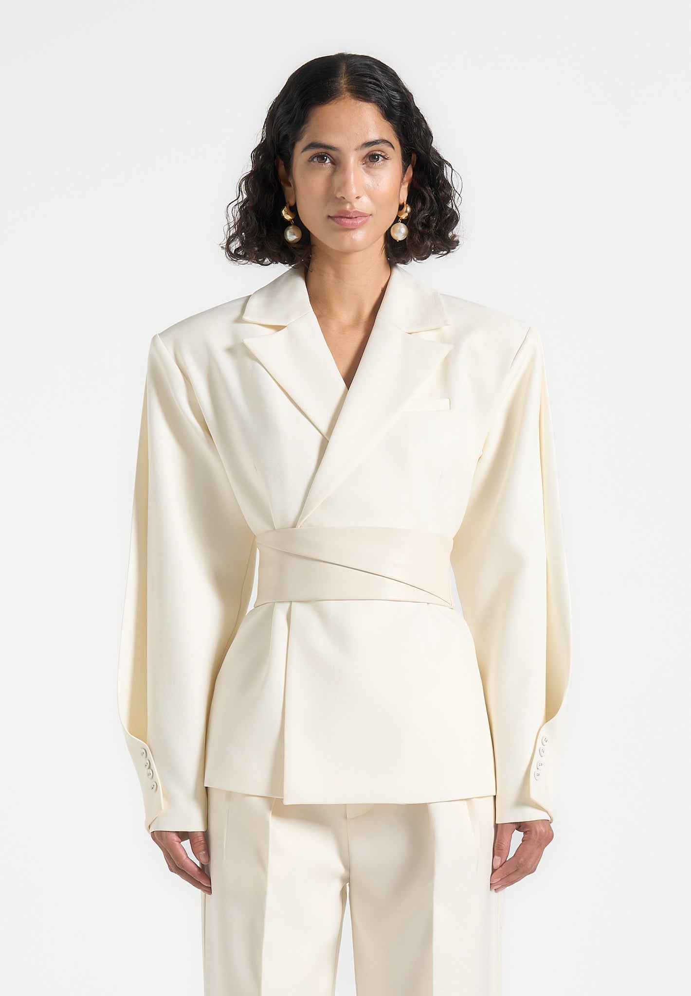 Marie - Twist Sleeve Tailored Blazer with Belt - Cream 
