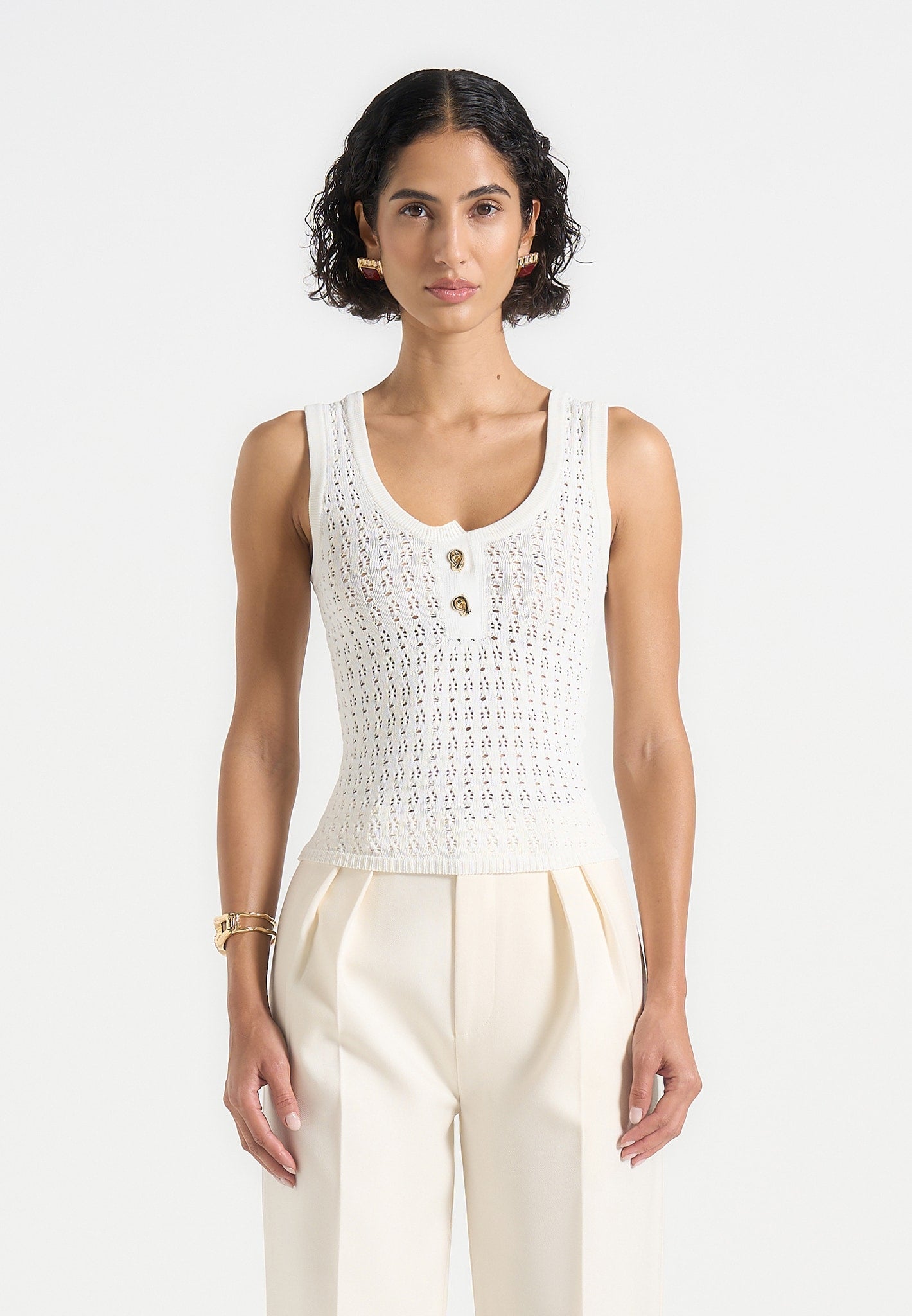 Nora - Pointelle Knitted Vest with Knot Button - Cream 