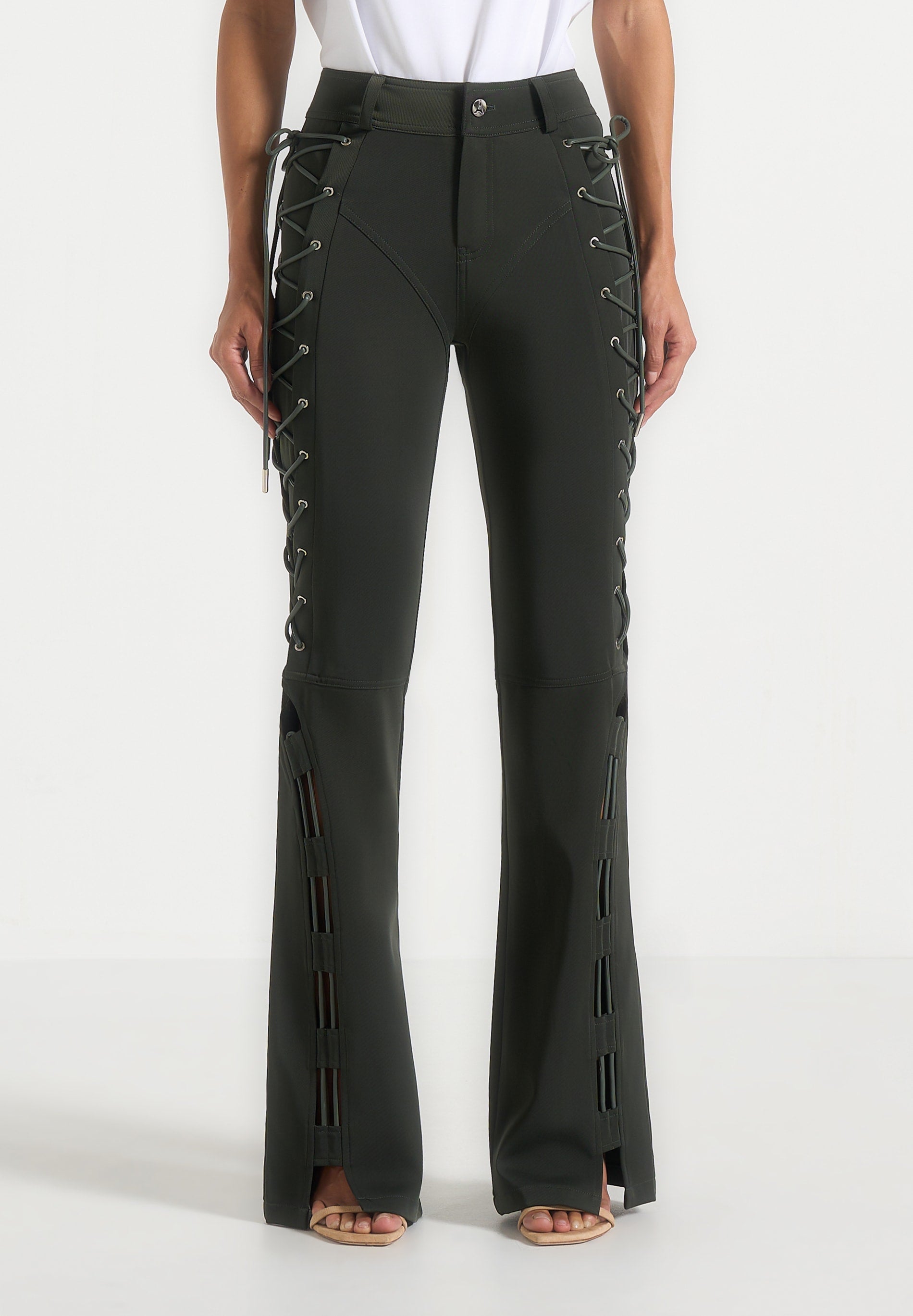 Ambre - Drill Lace Up Flared Trousers - Olive