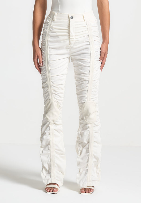 Ruched Trousers with Knee Patch - White