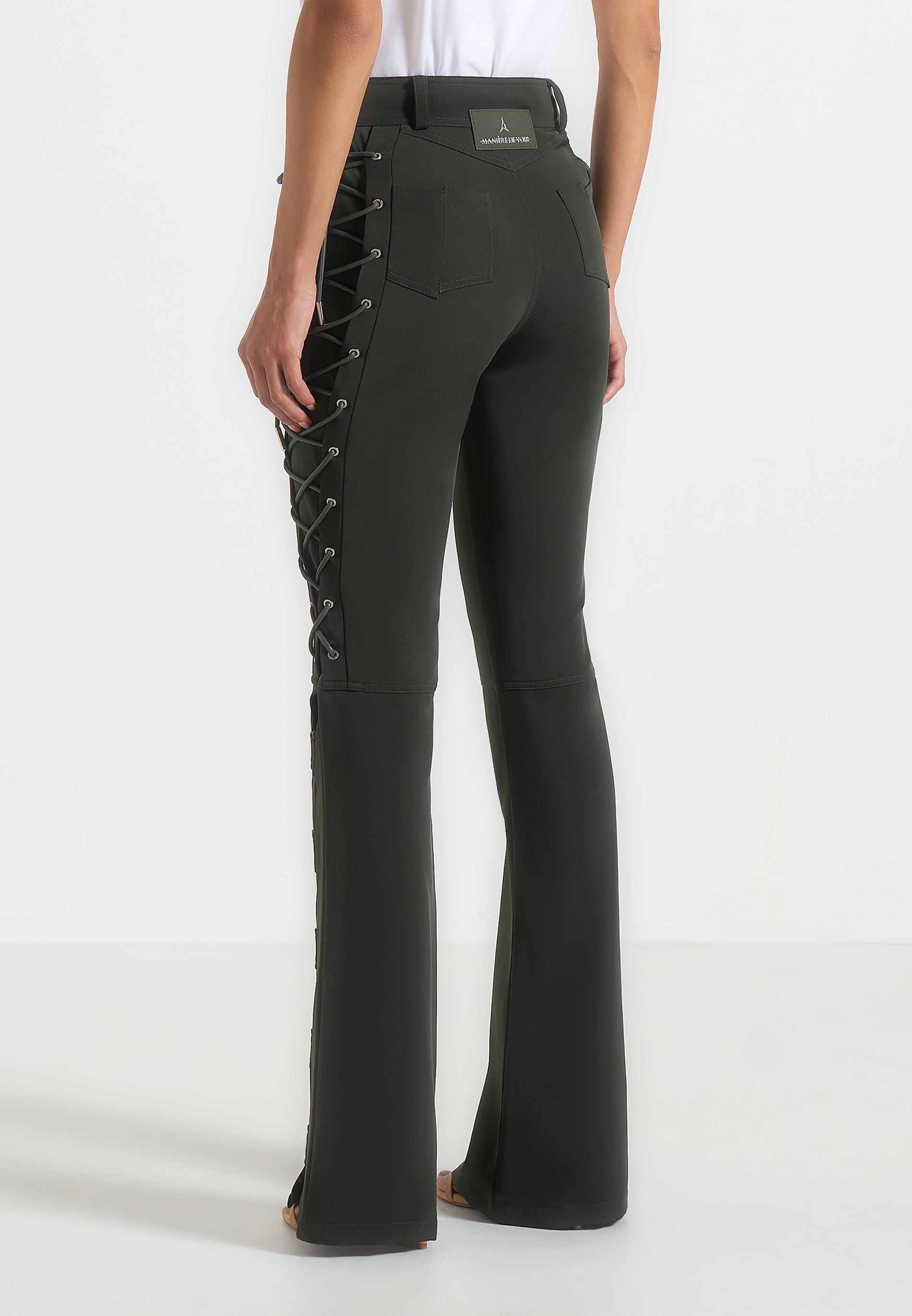 Ambre - Drill Lace Up Flared Trousers - Olive
