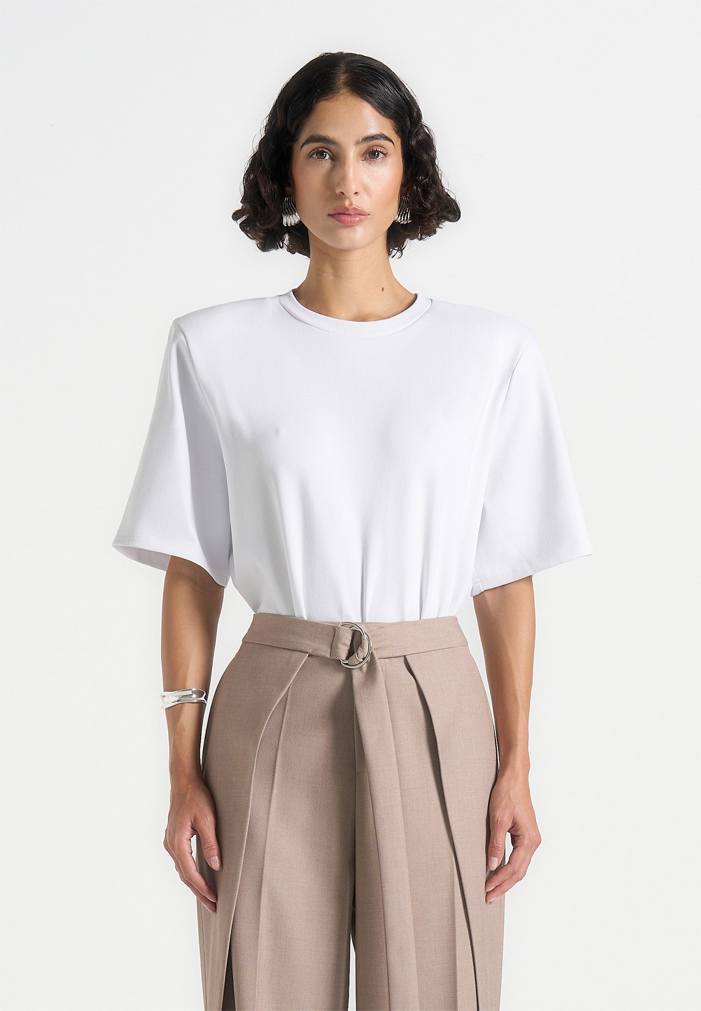 Mia - Wide Shoulder Bodysuit T-Shirt - White 