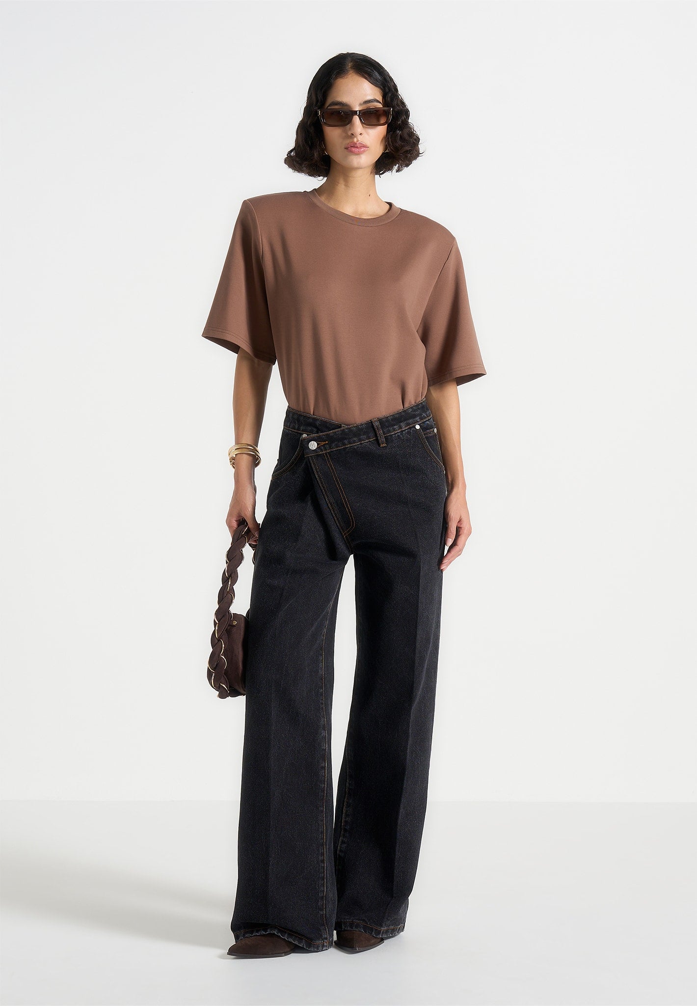 Mia - Wide Shoulder Bodysuit T-Shirt - Brown 