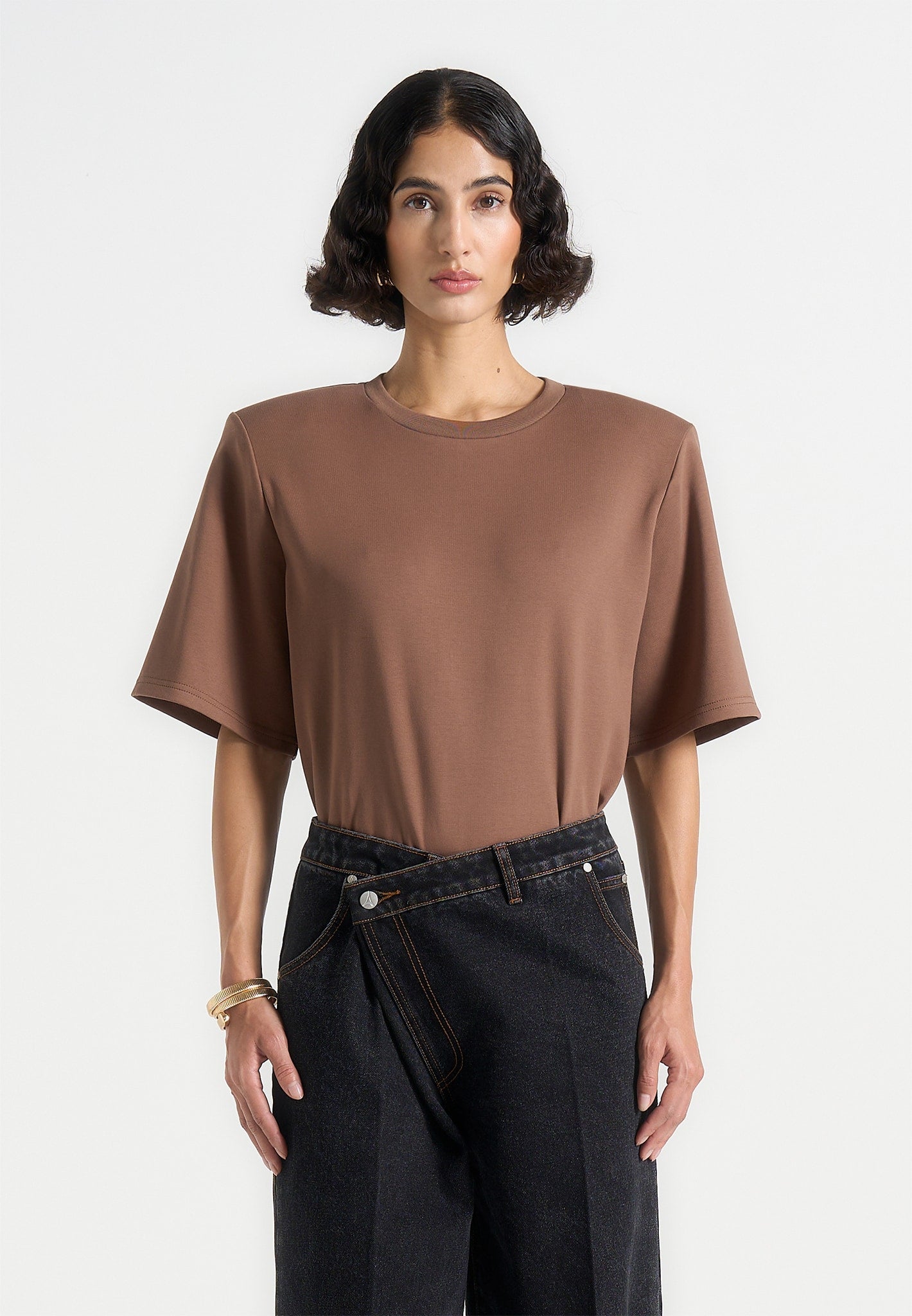 Mia - Wide Shoulder Bodysuit T-Shirt - Brown 