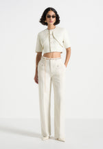 Alba - Tweed Mock Neck Curve Detailing Top - Cream
