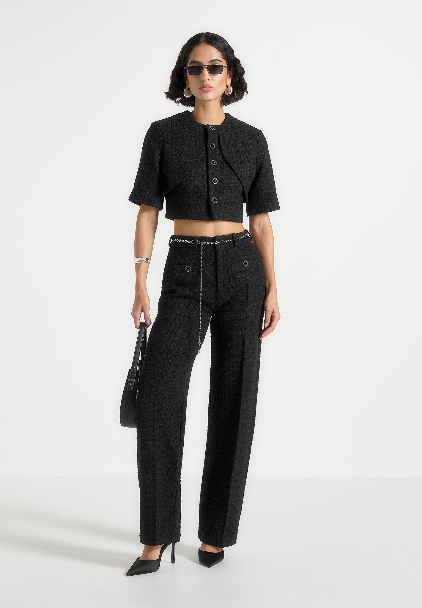 Alba - Tweed Mock Neck Curve Detailing Top - Black 
