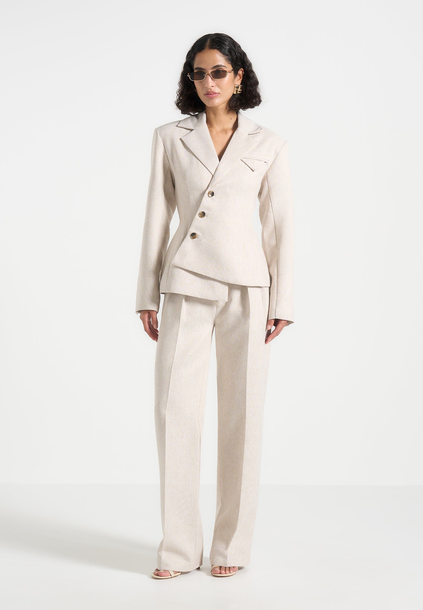 Thalia - Tailored Asymmetric Double Breasted Blazer - Light Beige 
