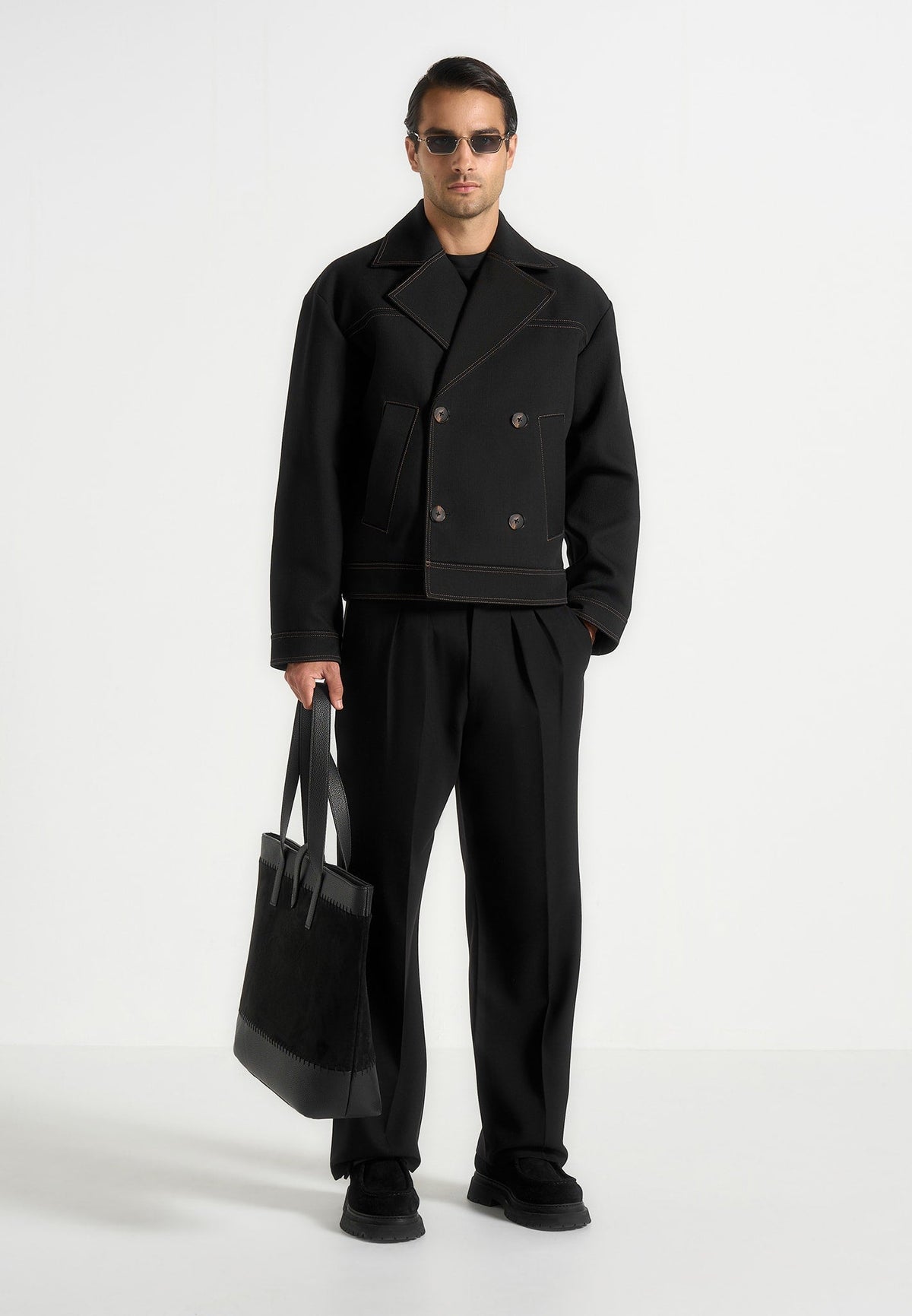 Mika - Unisex Tailored Double Breasted Wool-Blend Jacket With Contrast Stitch - Black