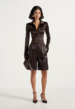 lorette-satin-double-pleat-shorts-brown