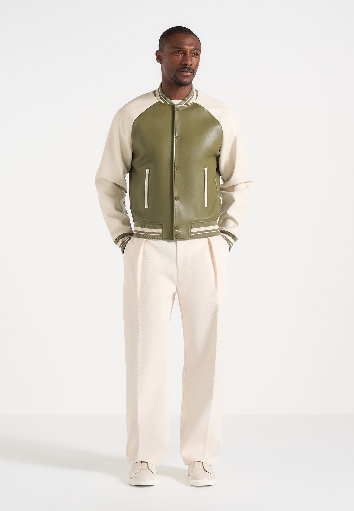 Guy - Contrast Leather Bomber Jacket - Olive/Cream 