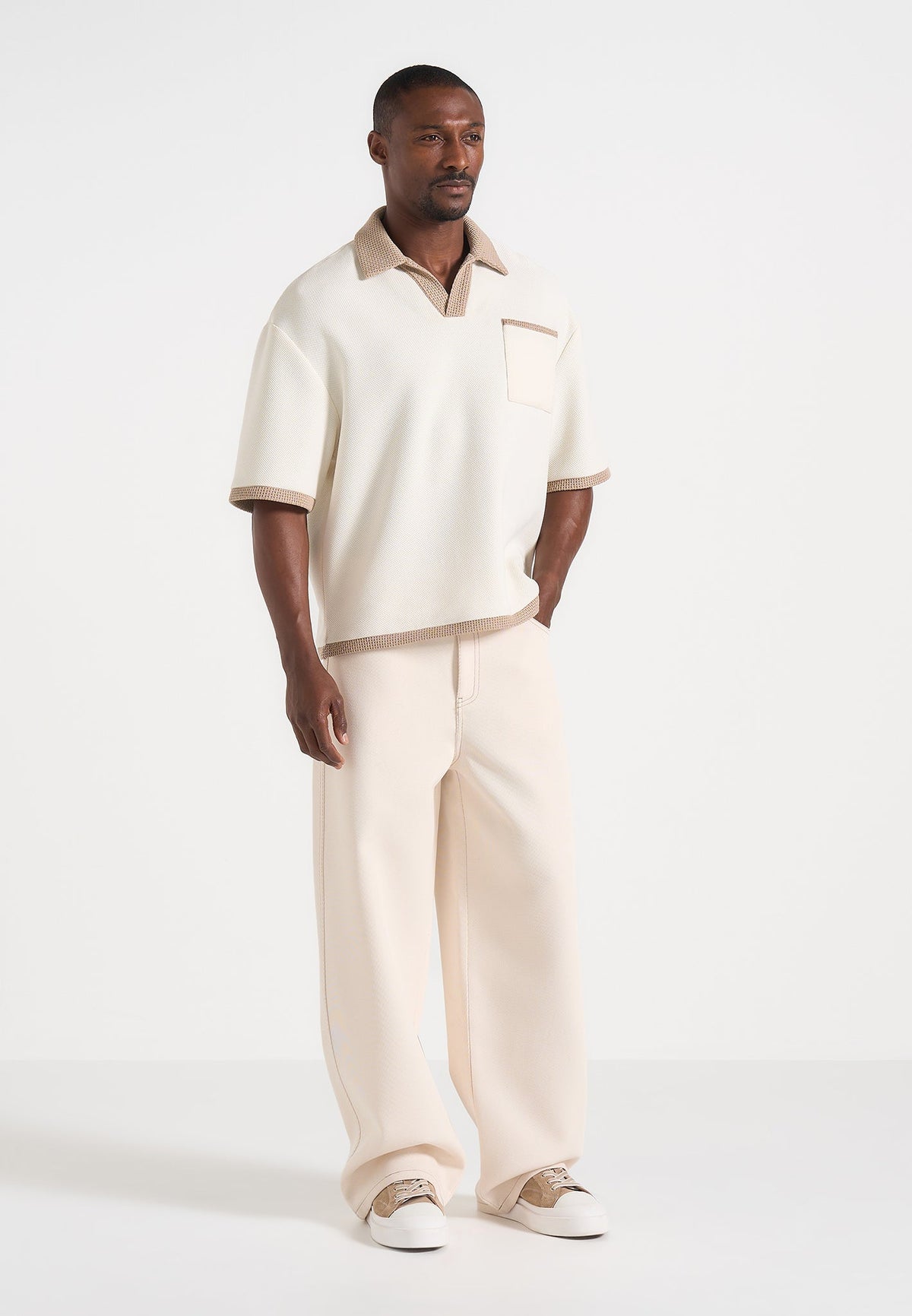 Brice - Boxy Crochet Detail Polo Shirt - Cream