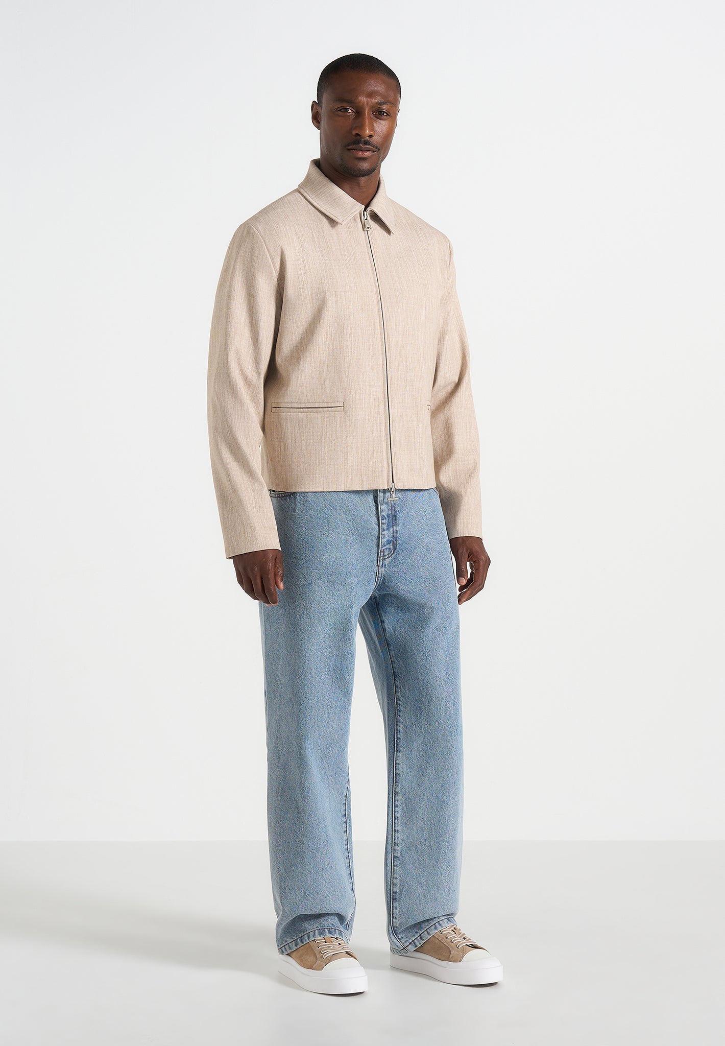 Amir - Boxy Hatched Harrington Jacket - Beige 