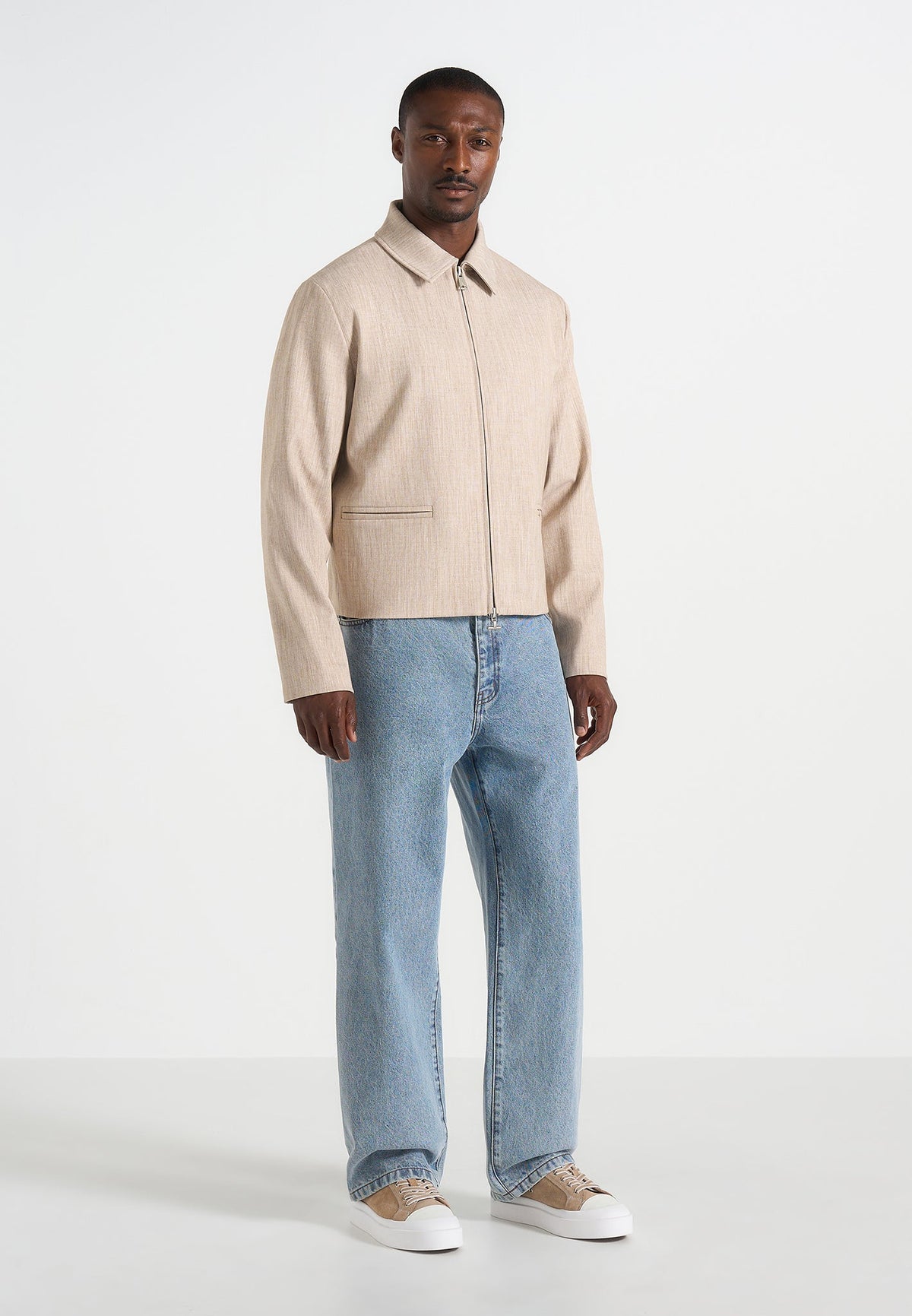 Amir - Boxy Hatched Harrington Jacket - Beige