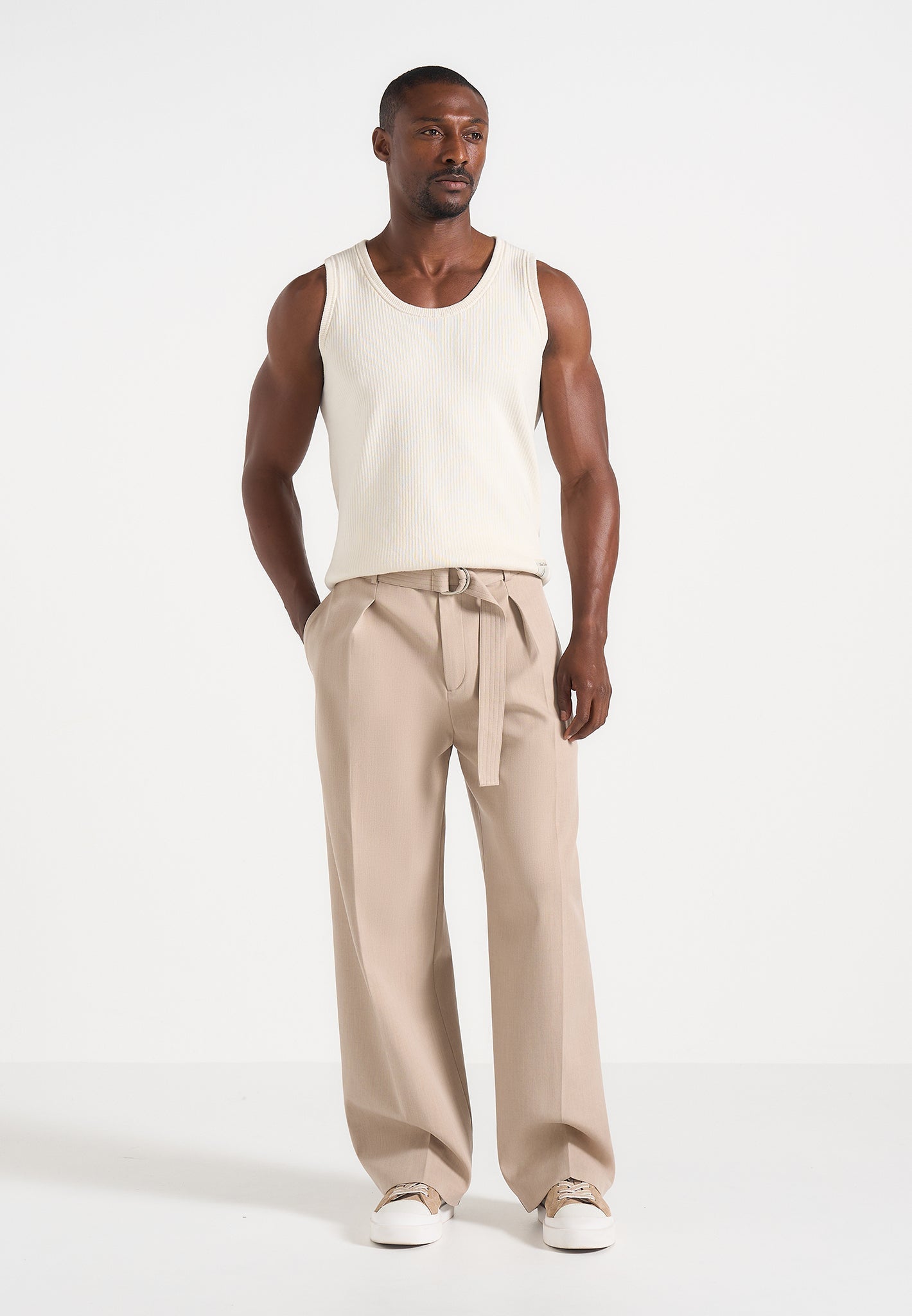Loic - Wide Leg Tailored Pants With Belt - Beige 