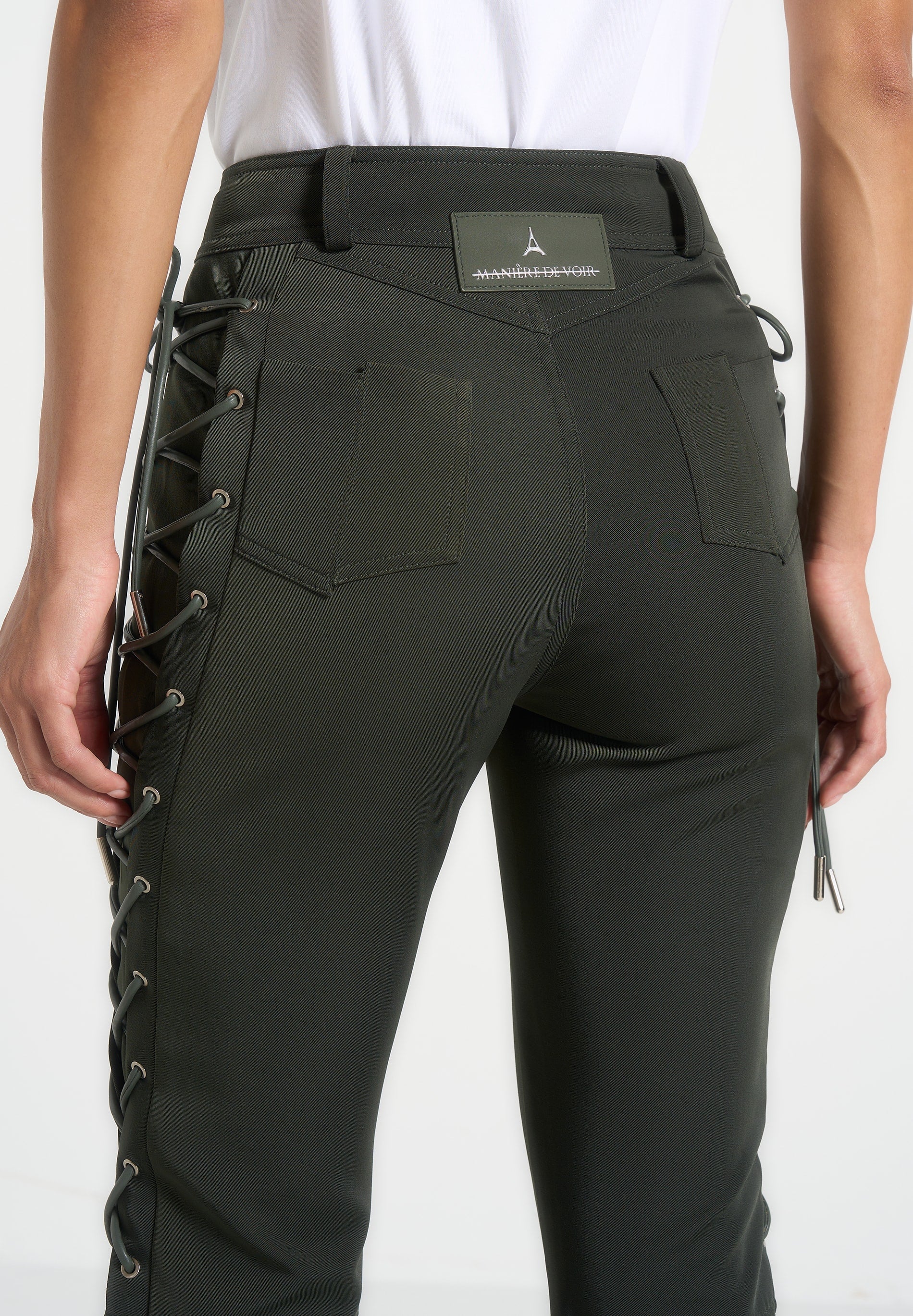 Ambre - Drill Lace Up Flared Trousers - Olive