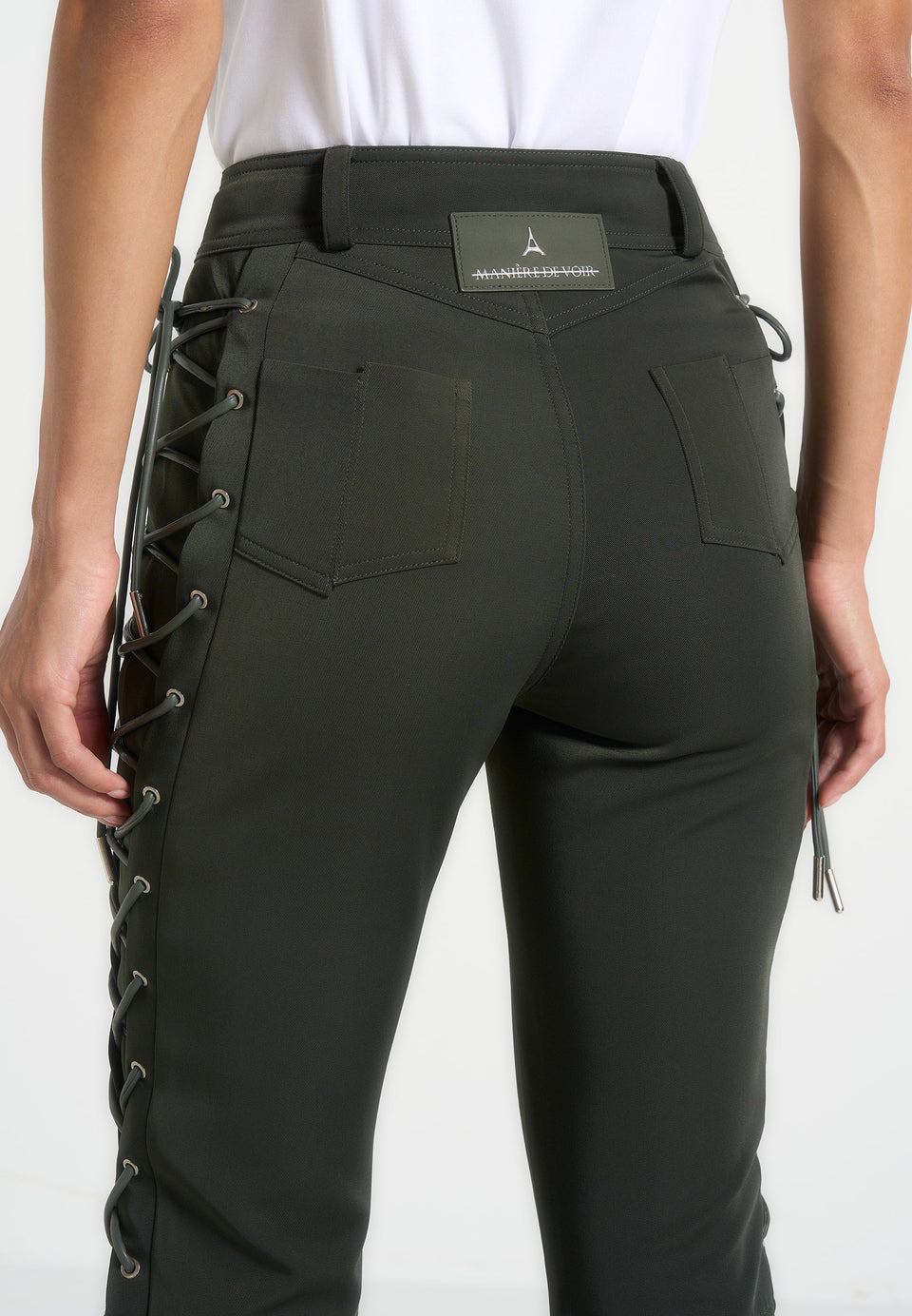 Ambre - Drill Lace Up Flared Trousers - Olive