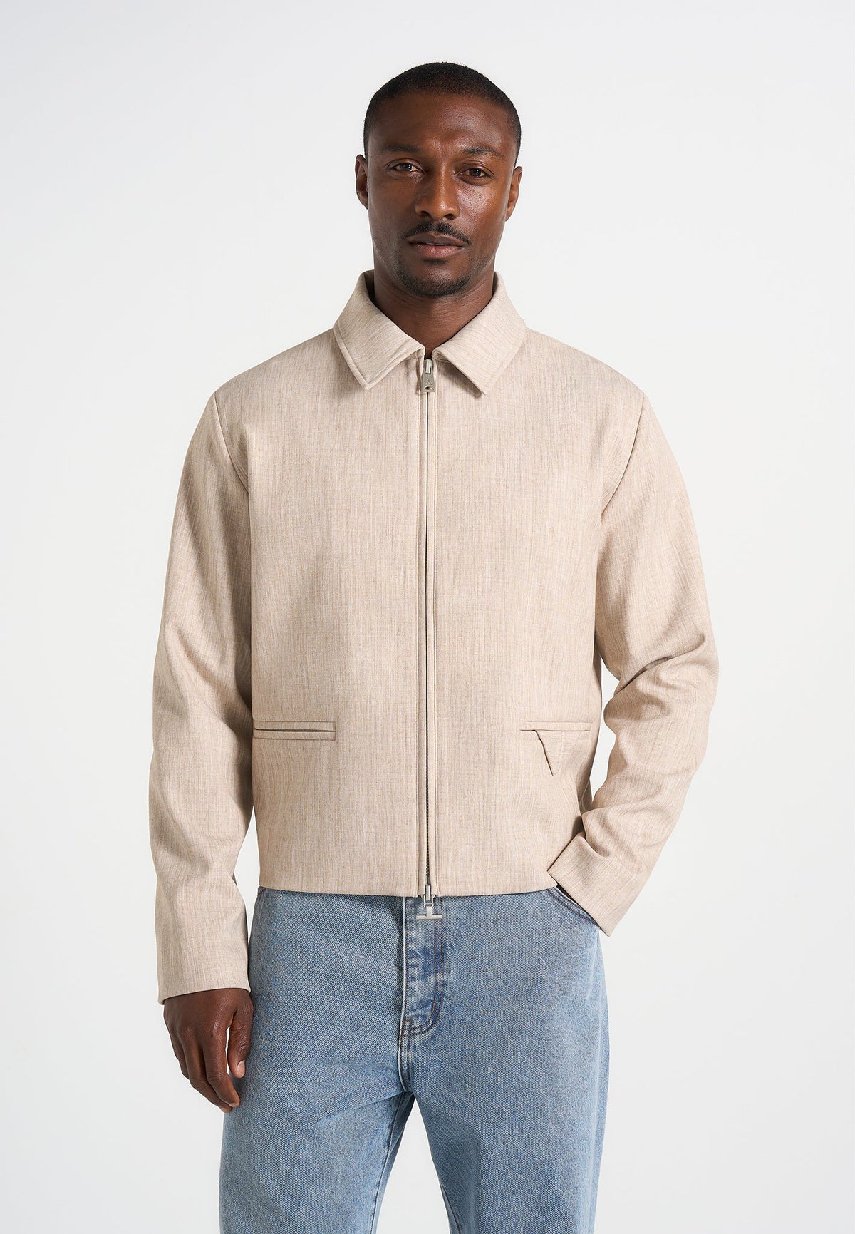 Amir - Boxy Hatched Harrington Jacket - Beige