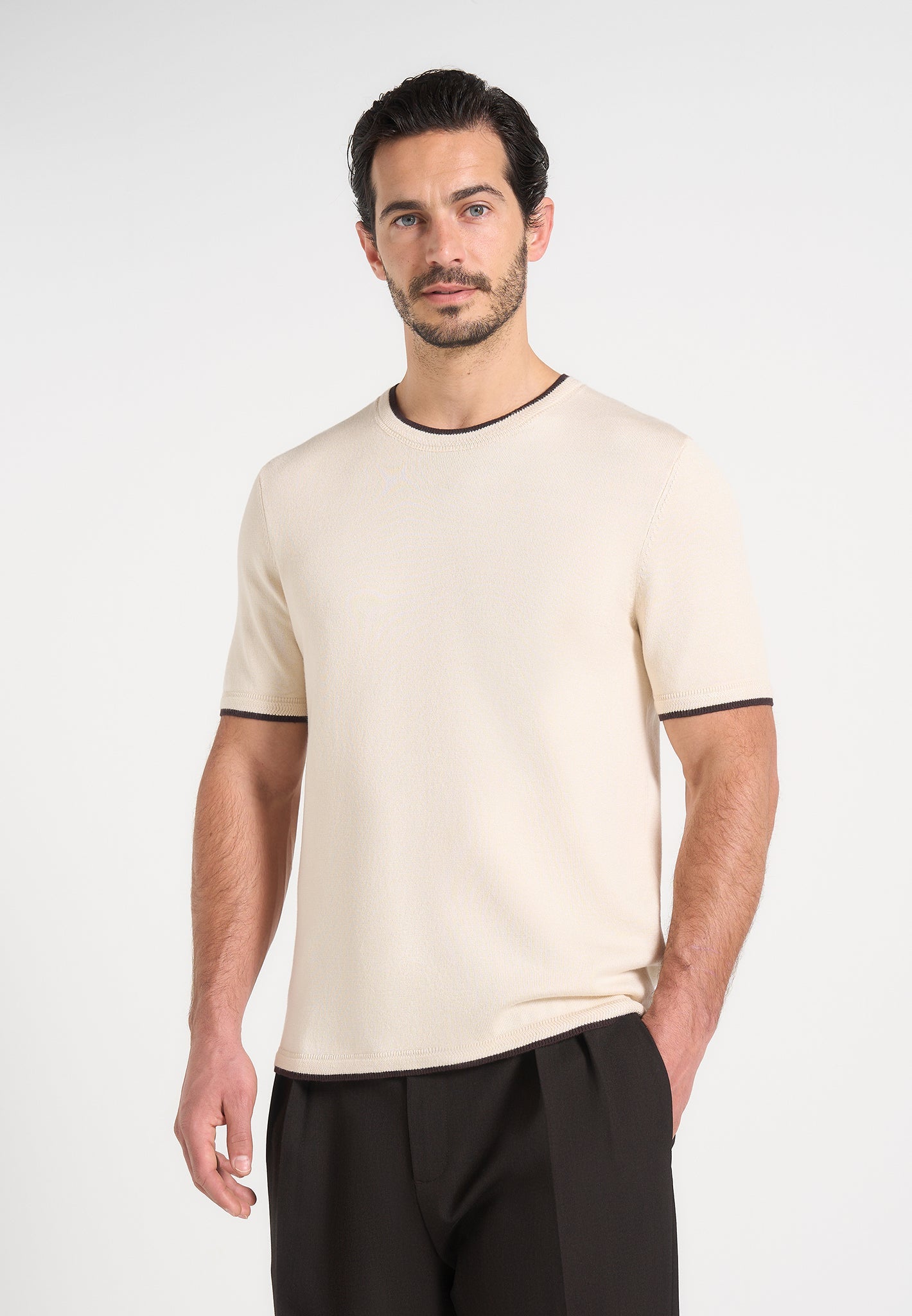 Wyatt - Contrast Knit T-Shirt - Cream 