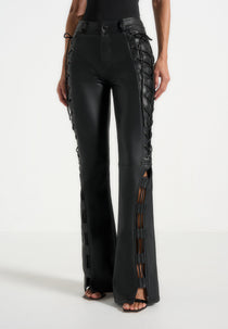 Ambre - Leather Lace Up Flared Trousers - Black