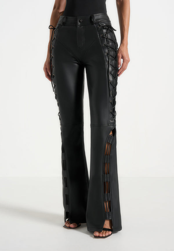 Ambre - Leather Lace Up Flared Pants - Black