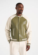 Guy - Contrast Leather Bomber Jacket - Olive/Cream