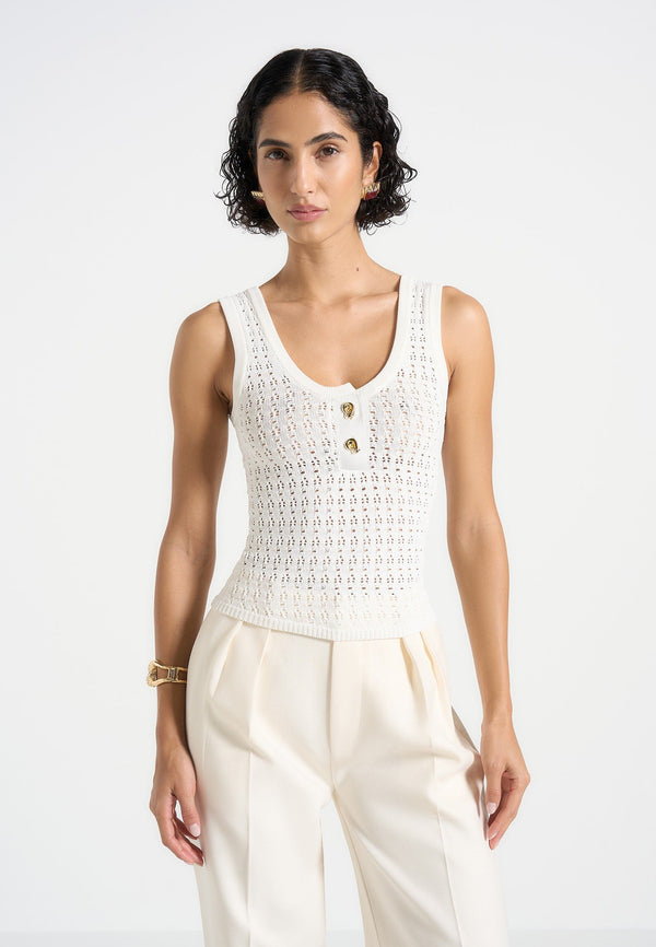 Nora - Pointelle Knitted Tank Top with Knot Button - Cream
