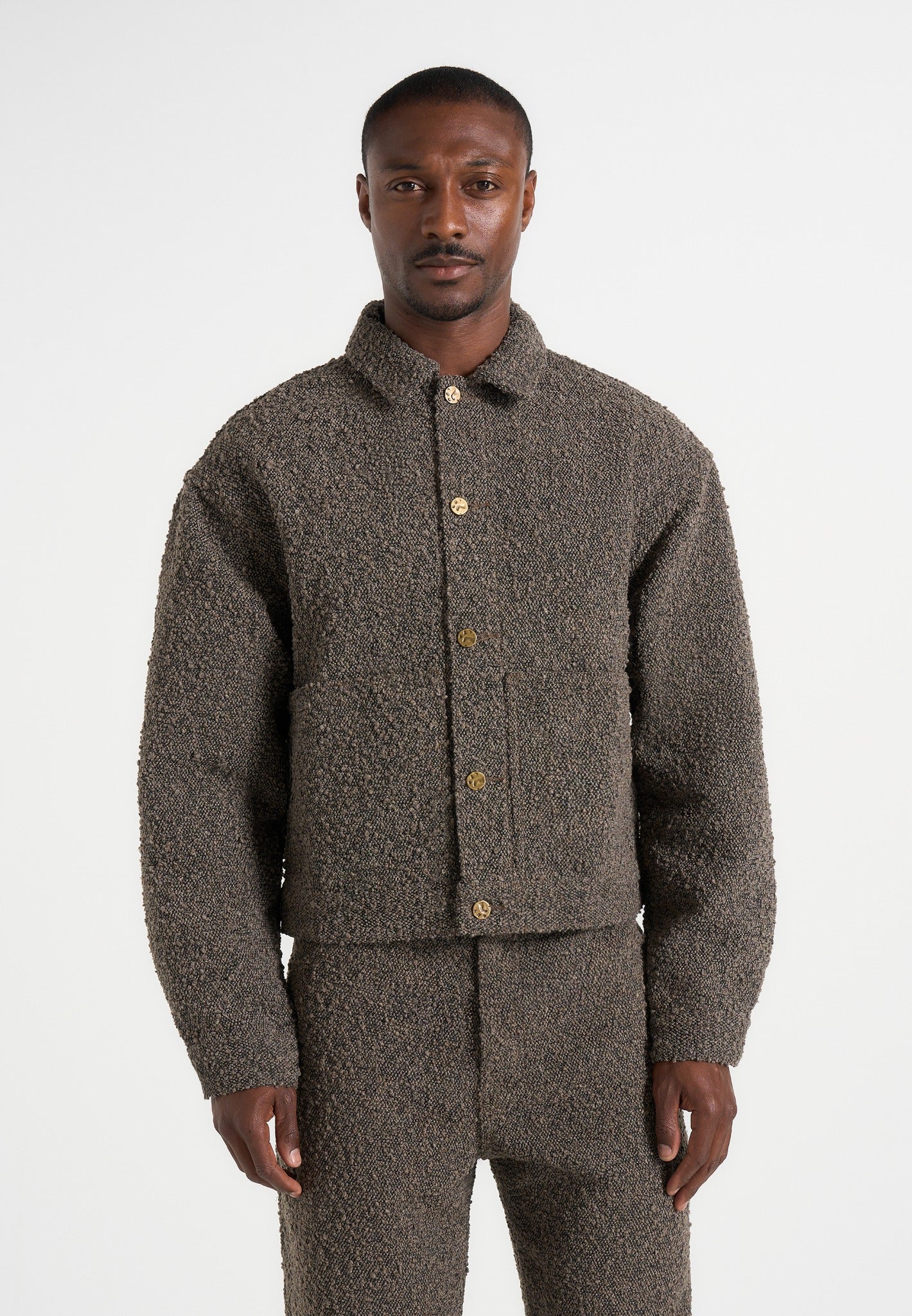 Damien - Boucle Denim Jacket With Back Pleat - Brown 