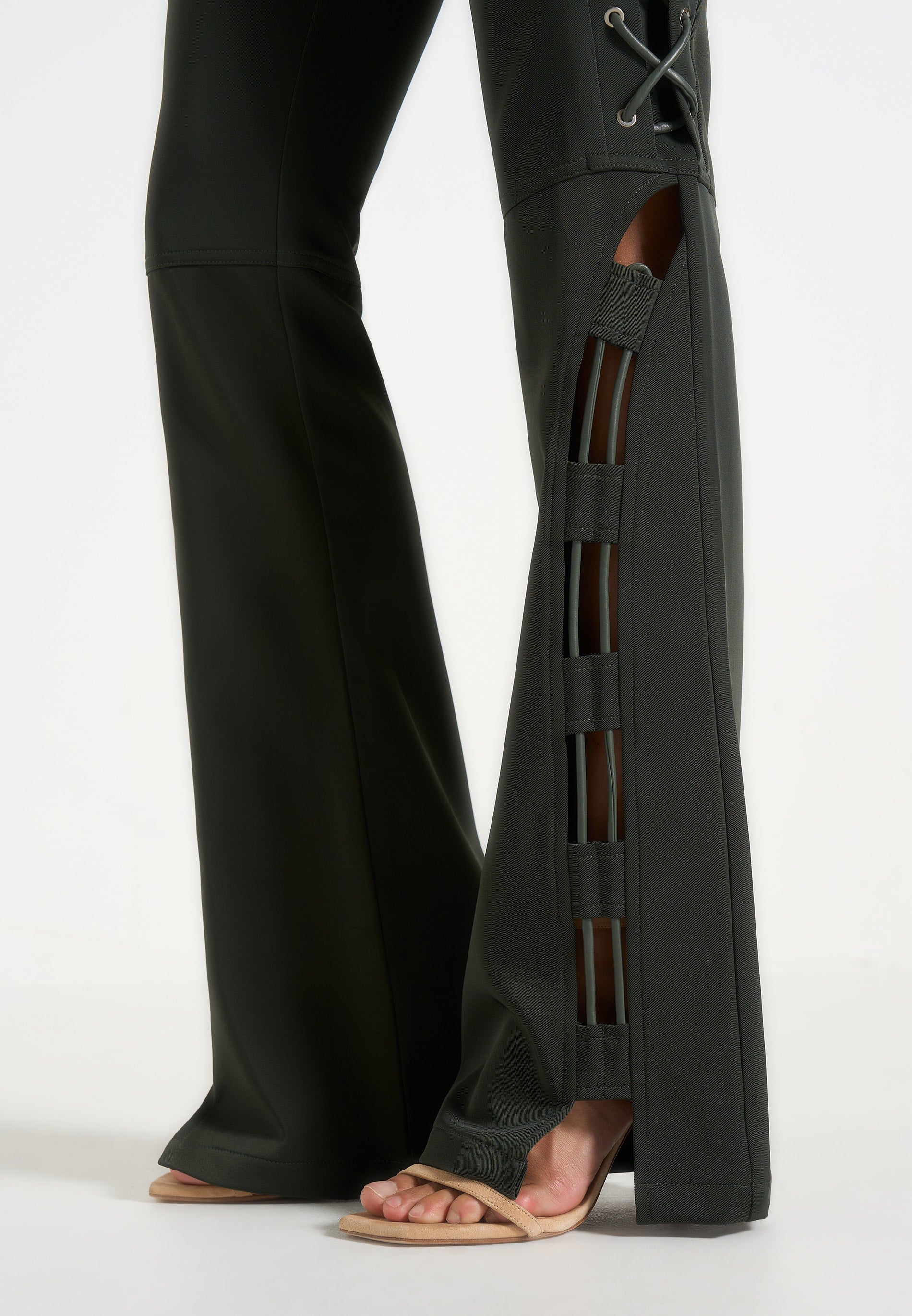 Ambre - Drill Lace Up Flared Trousers - Olive