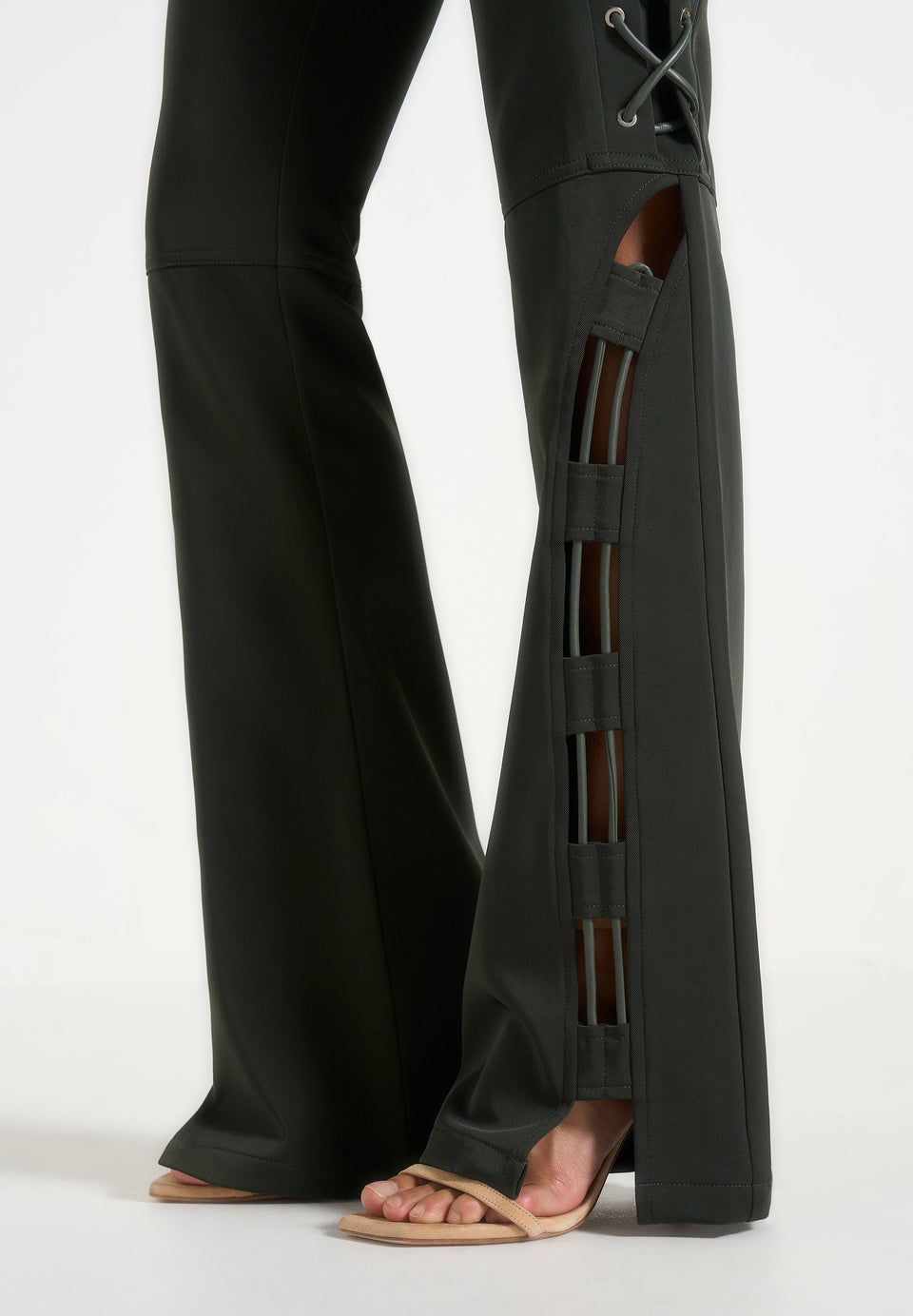 Ambre - Drill Lace Up Flared Trousers - Olive