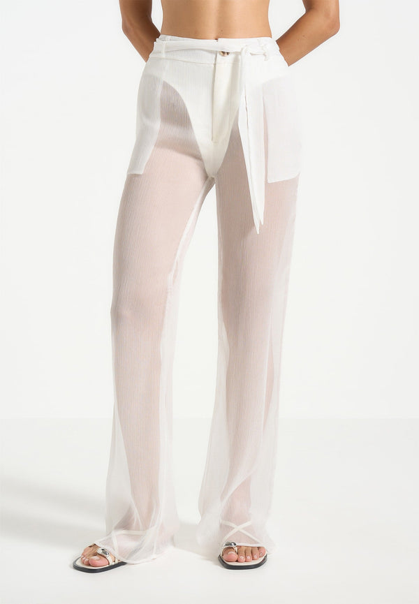 Sheer Belted Trousers - White