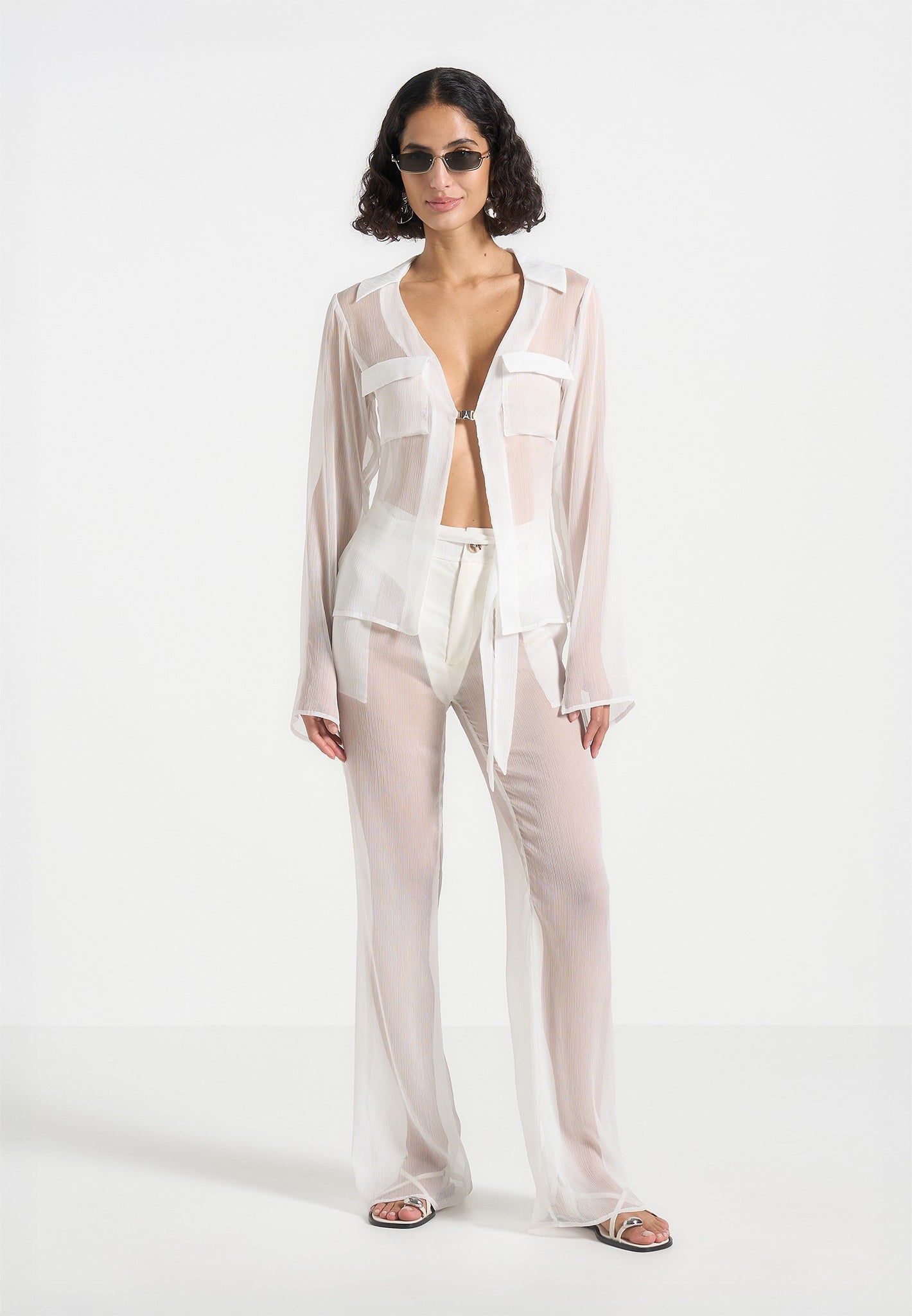 Sheer Belted Trousers - White