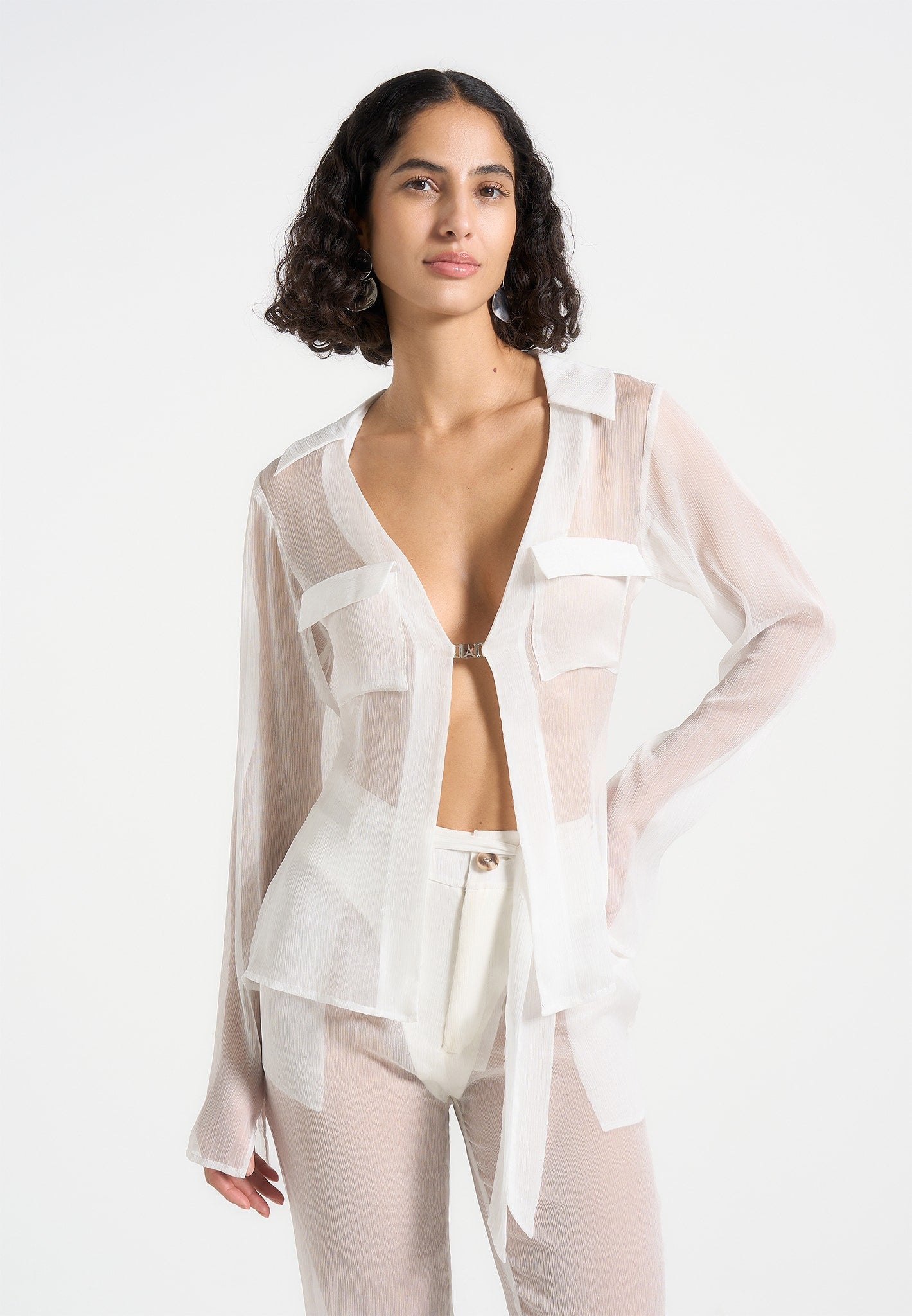Sheer Shirt with Clasp - White