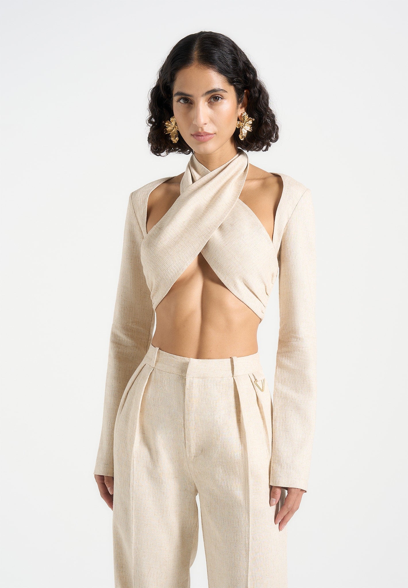 Wendy - Linen Crossover Bolero Top - Natural 