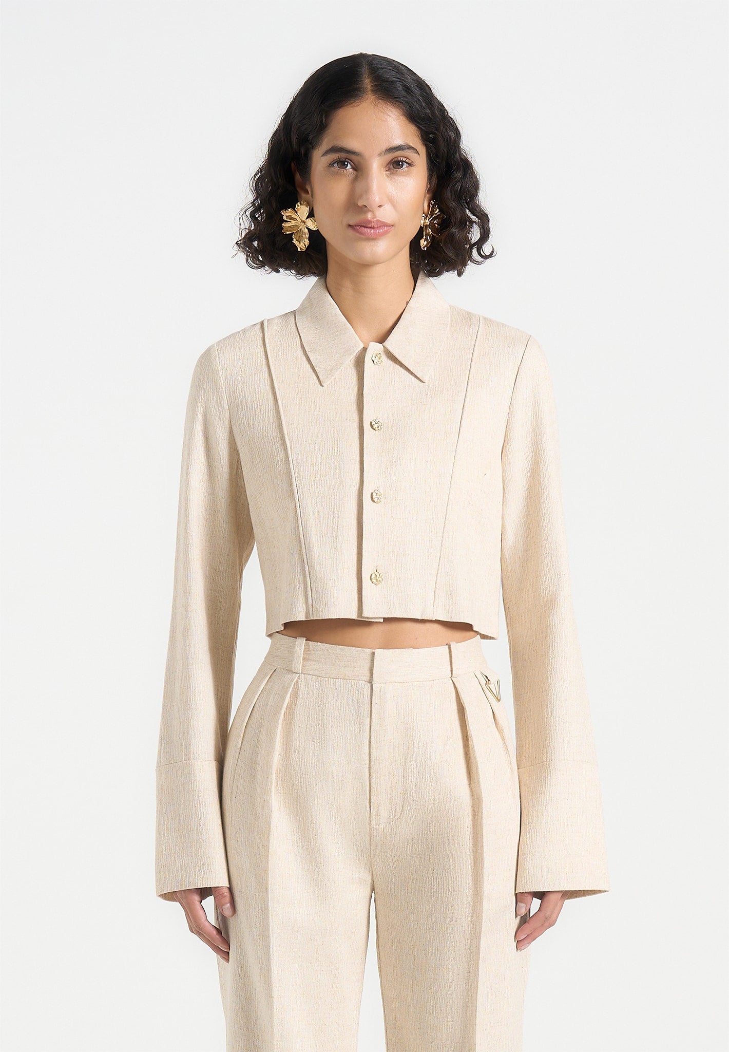 Florine - Linen Pintuck Cropped Shirt - Natural 