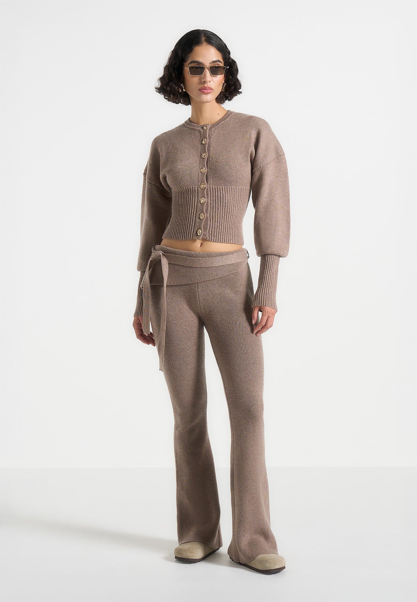 Knitted Fit & Flare Leggings with Belt - Taupe 