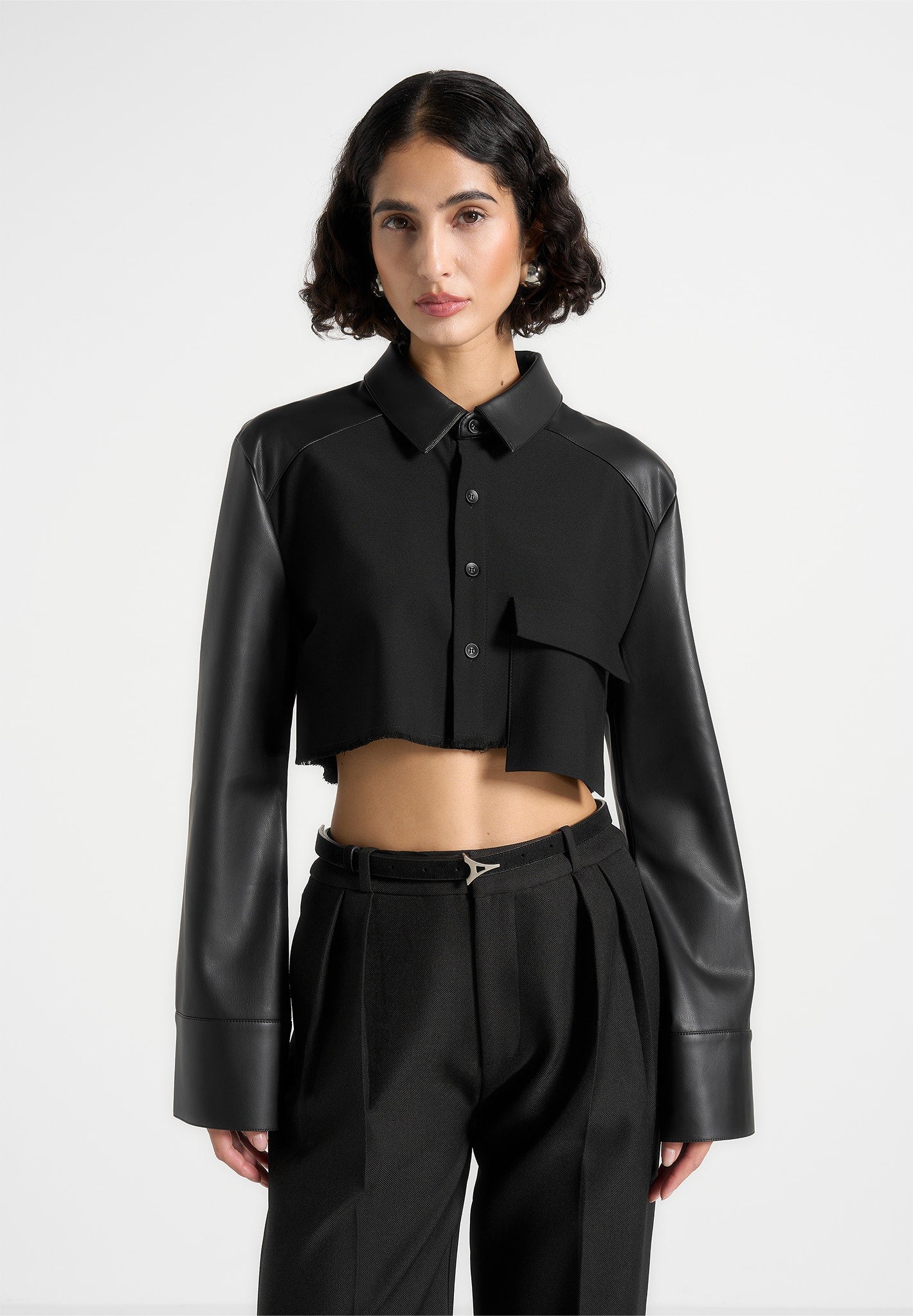 Bernadette - Leather Contrast Cropped Shirt - Black