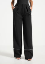 Mina - Contrast Piped Pleated Trousers - Black/White