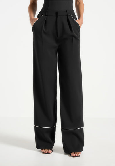 Mina - Contrast Piped Pleated Trousers - Black/White
