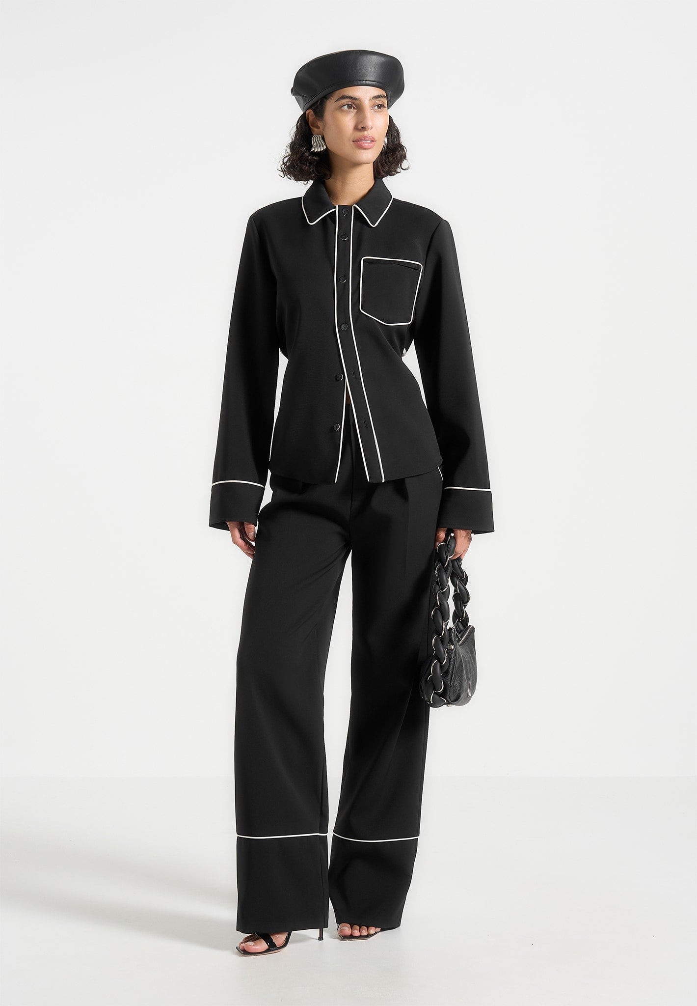 Mina - Contrast Piped Pleated Trousers - Black/White 