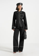 Mina - Contrast Piped Pleated Trousers - Black/White