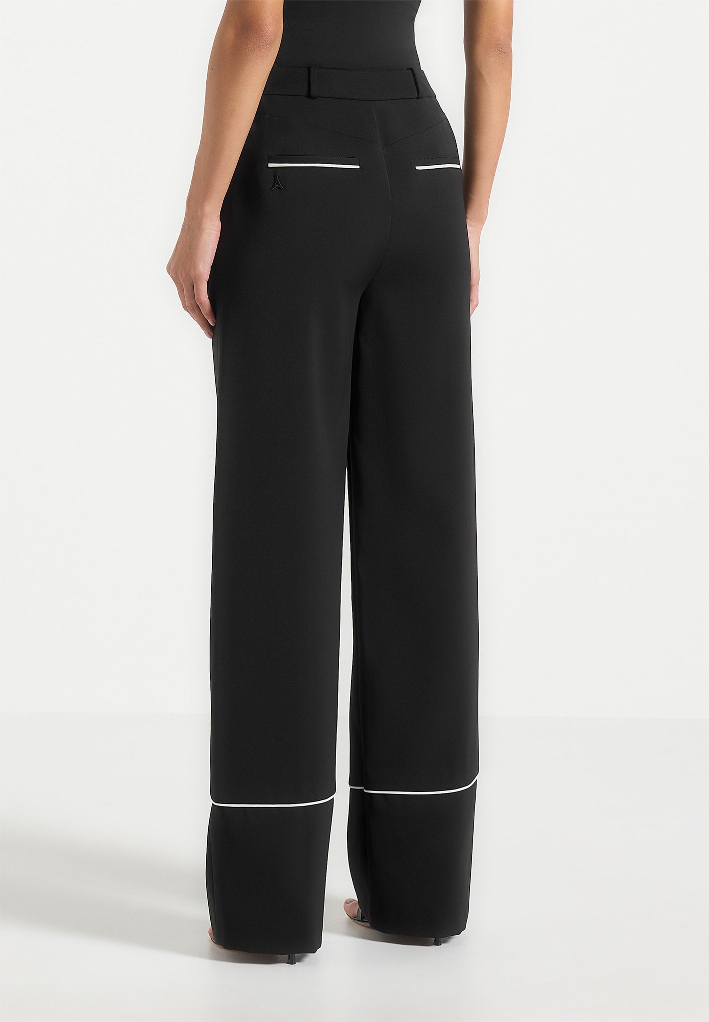 Mina - Contrast Piped Pleated Trousers - Black/White