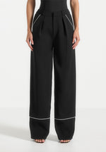 Mina - Contrast Piped Pleated Trousers - Black/White
