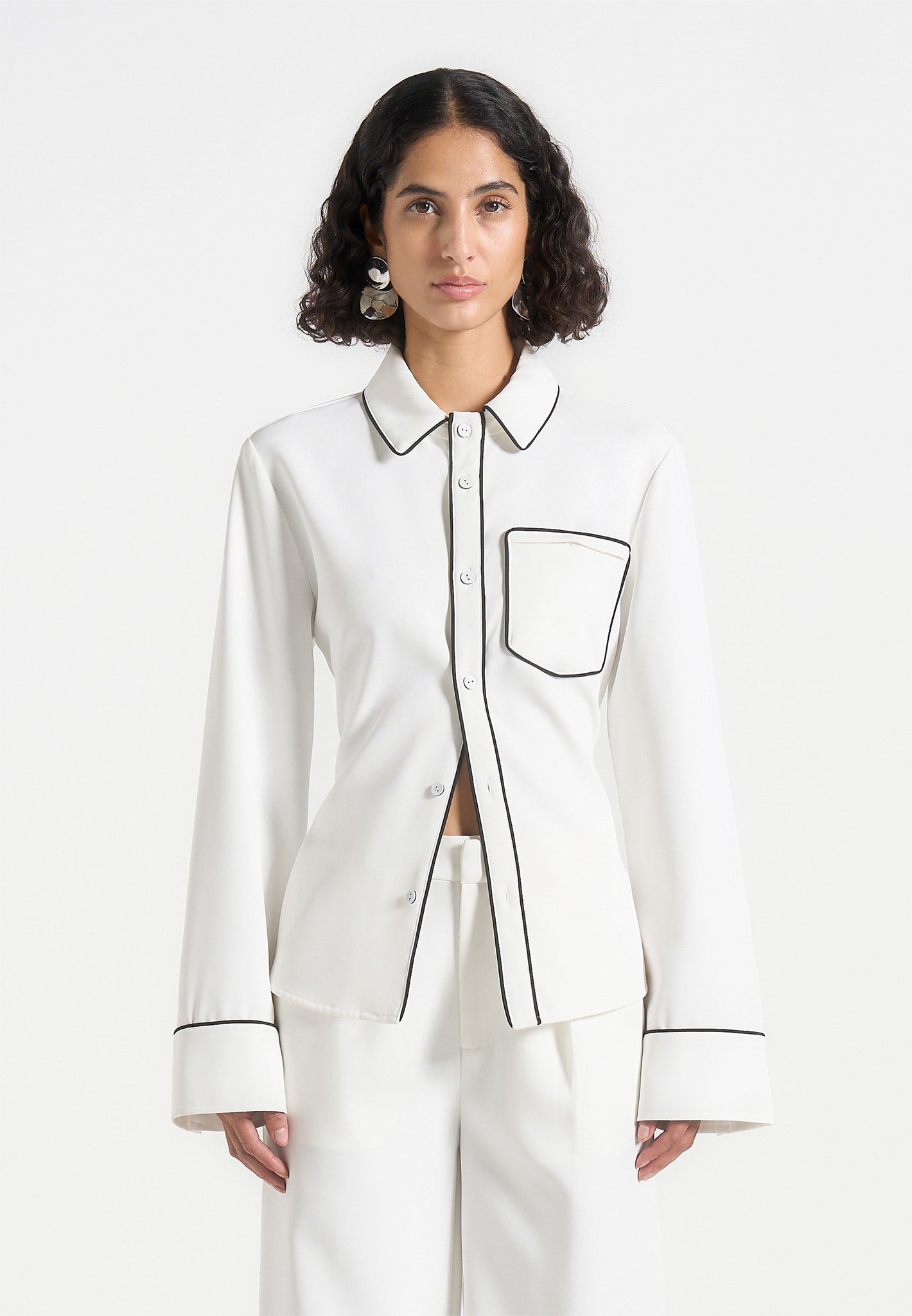 Contrast Piped Backless Tie Shirt - White/Black 