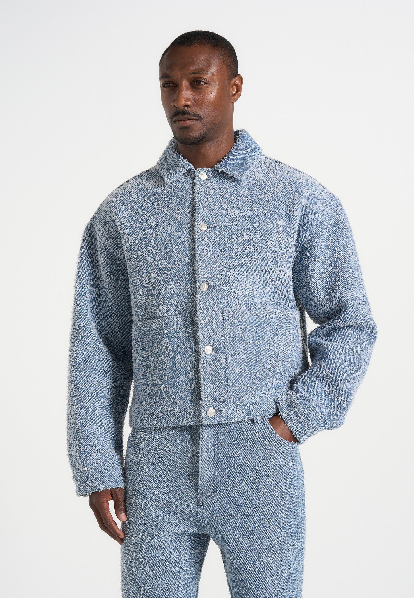 Damien - Boucle Denim Jacket With Back Pleat - Blue 