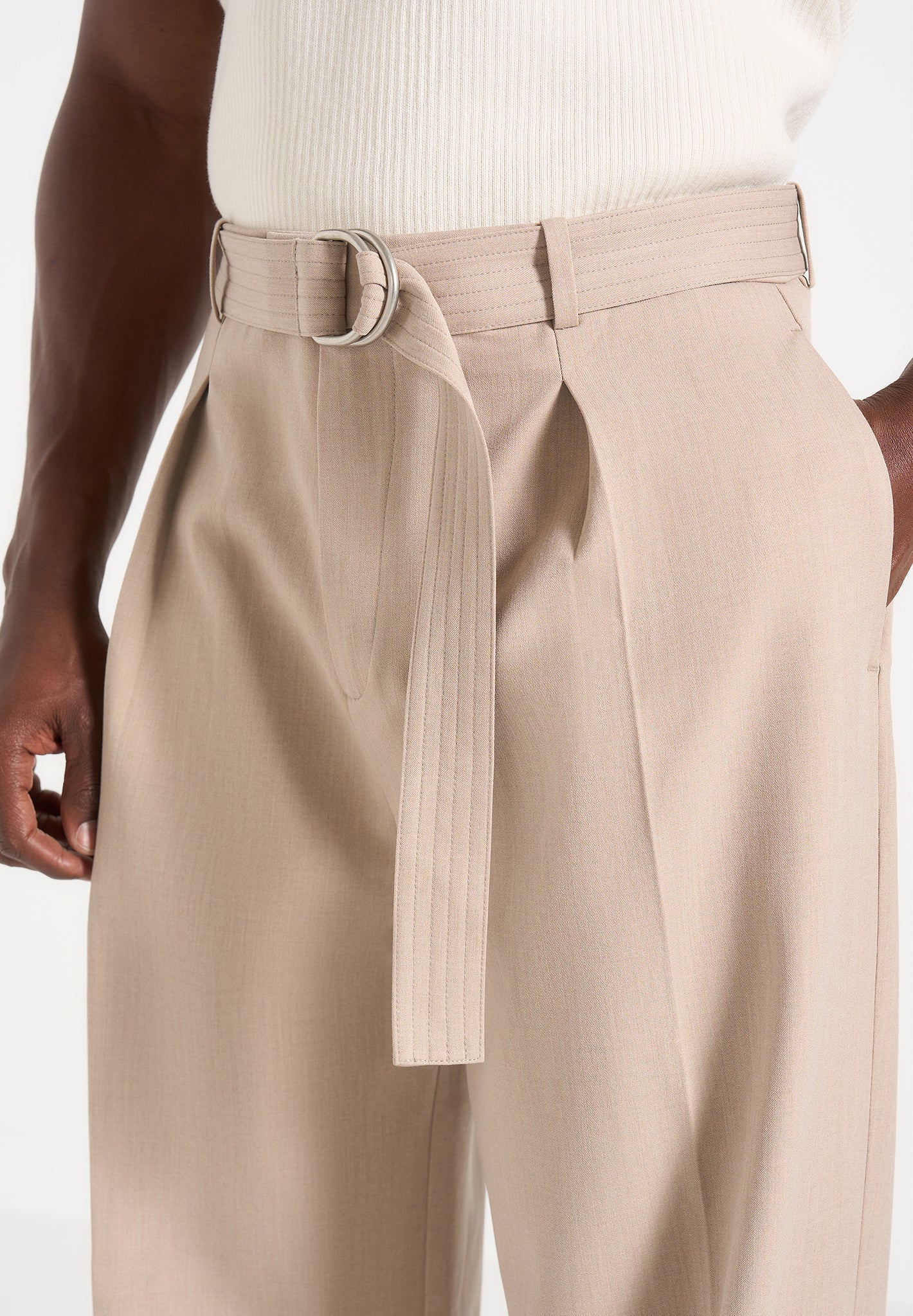Loic - Wide Leg Tailored Pants With Belt - Beige