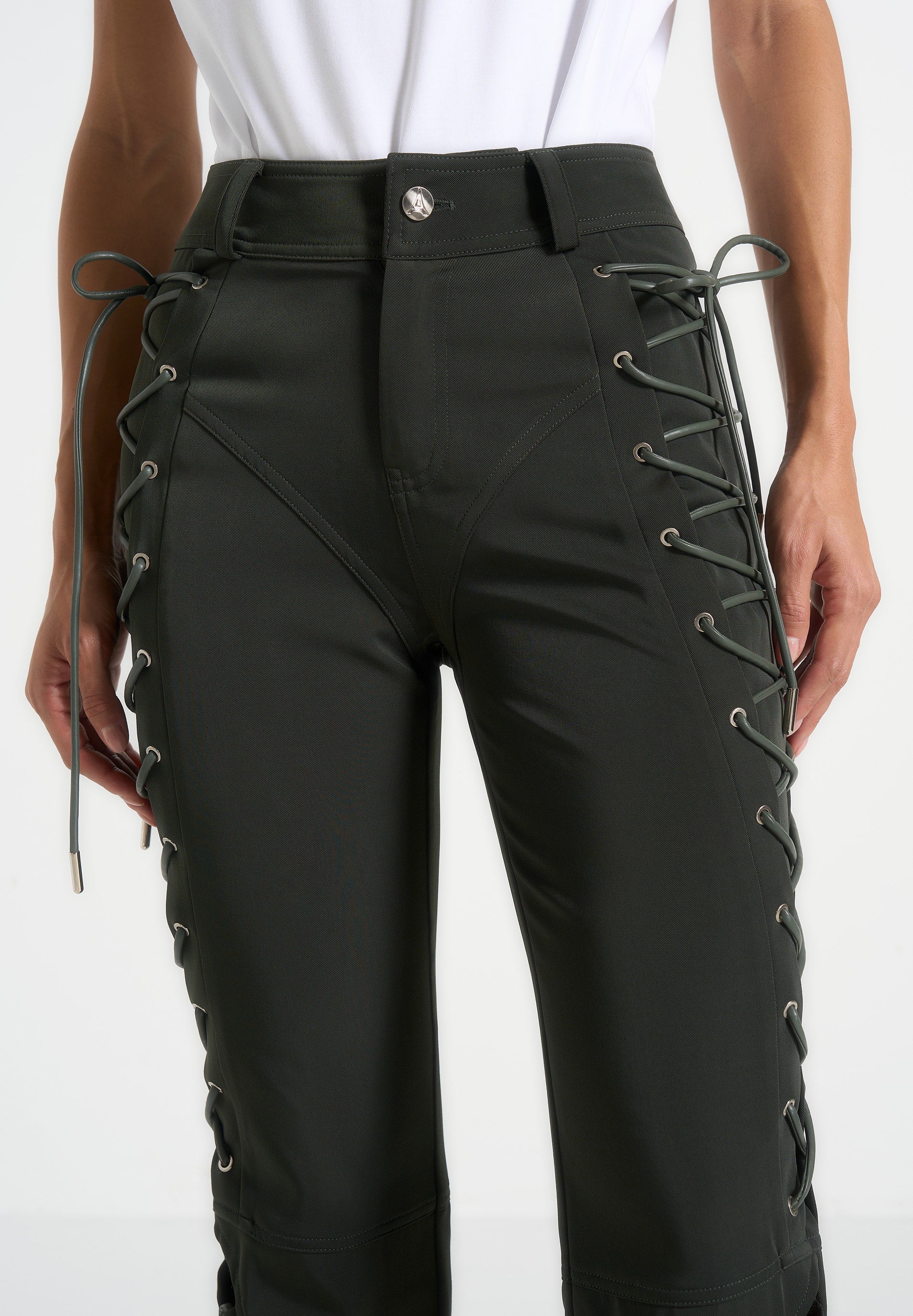 Ambre - Drill Lace Up Flared Trousers - Olive