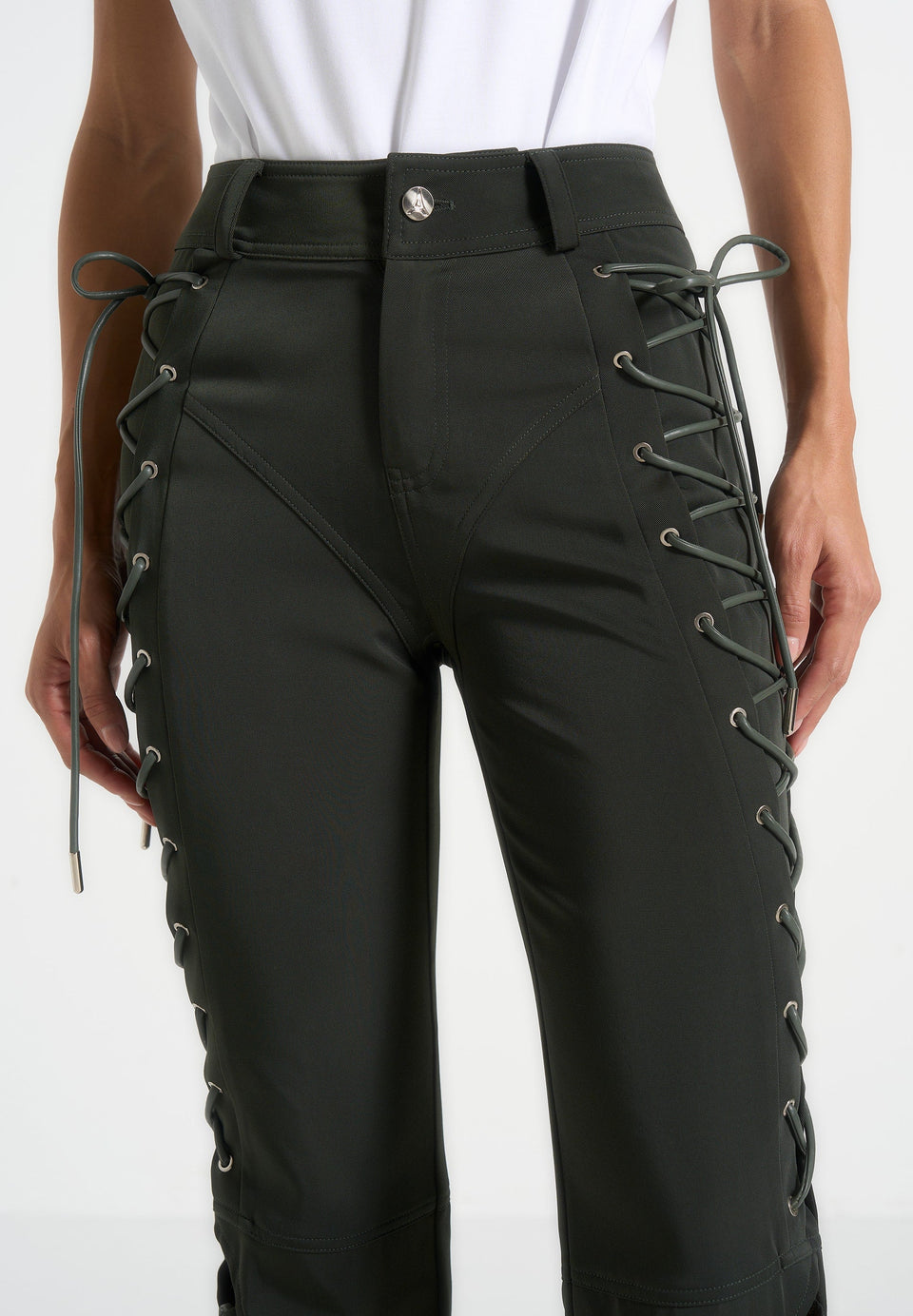 Ambre - Drill Lace Up Flared Trousers - Olive
